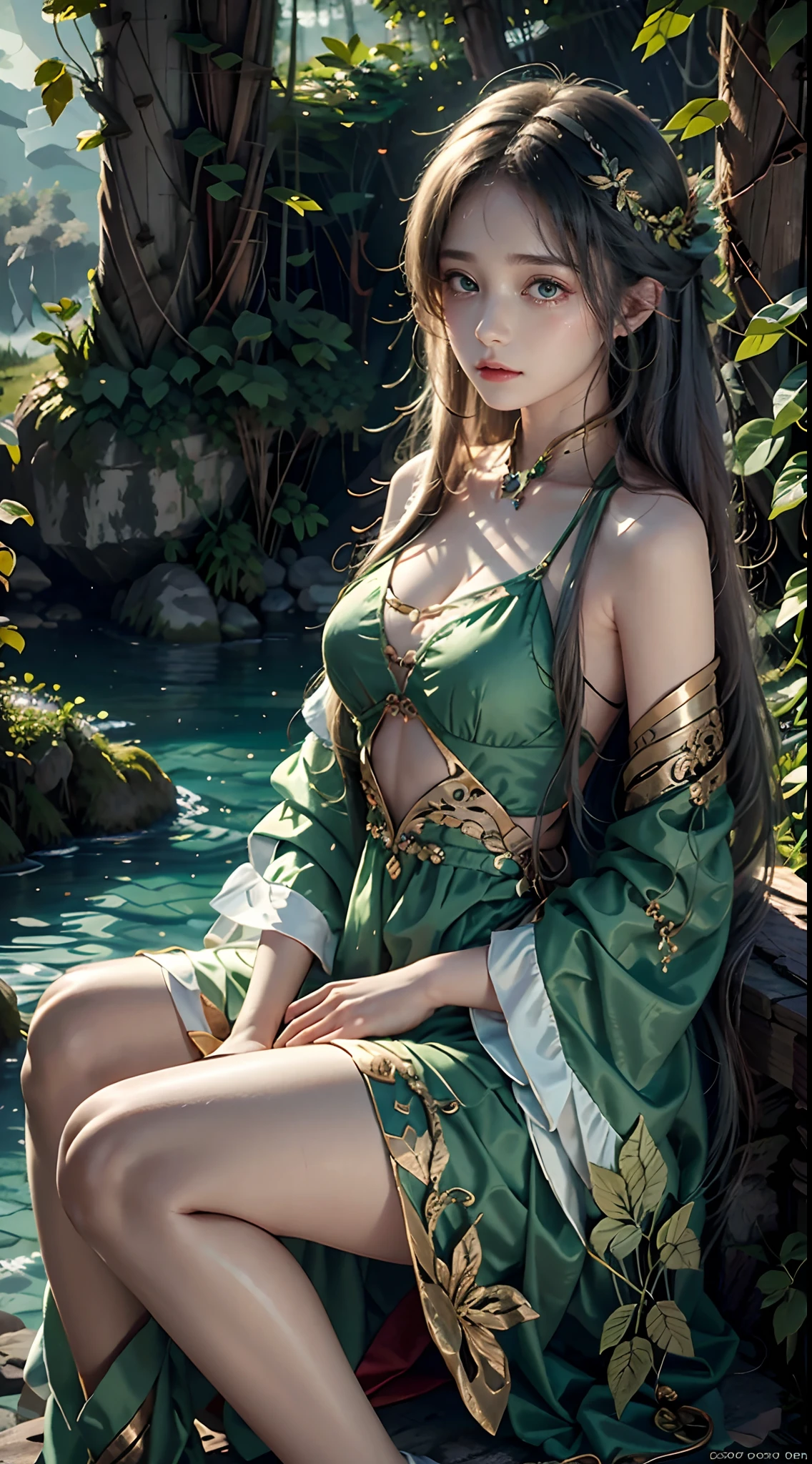 1 20-year-old girl, fairy princess, green clothes, nature clothes, nature panorama, sweet, beauty gril, twin sister.(crying), sad expresion. (Tear)