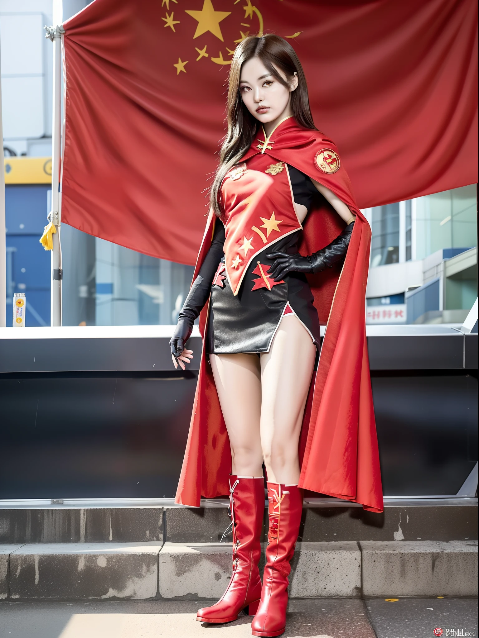 CG superhero five-star red flag girl wearing exquisite Chinese five-star flag logo uniform，Printed with the five-star flag logo and cloak，Wear red gloves on both hands+Wear red boots on your feet+National flag，The whole body exudes the superpowers of a five-star red flag girl，，，Standing displays a full-body photo