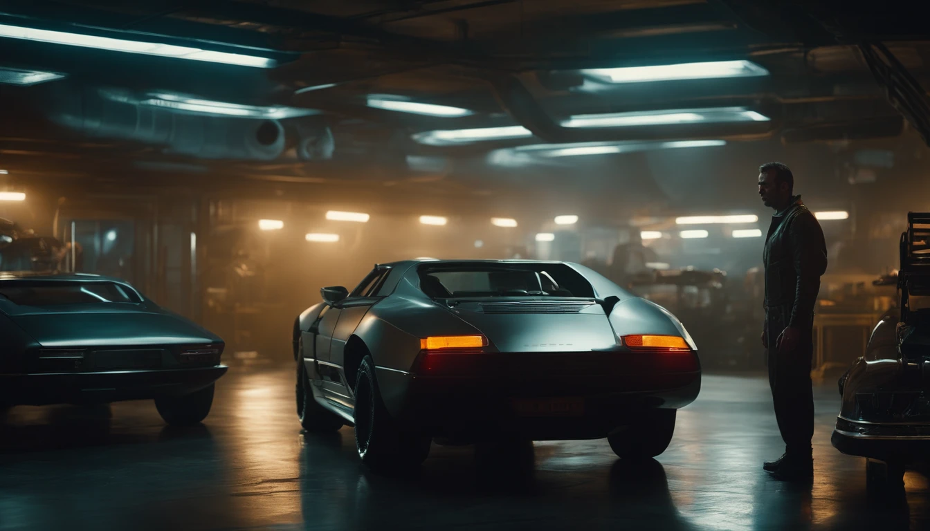 cinematic scene of cyberpunk mechanic in a futuristic garage with futuristic sportscars in the background , style of blade runner