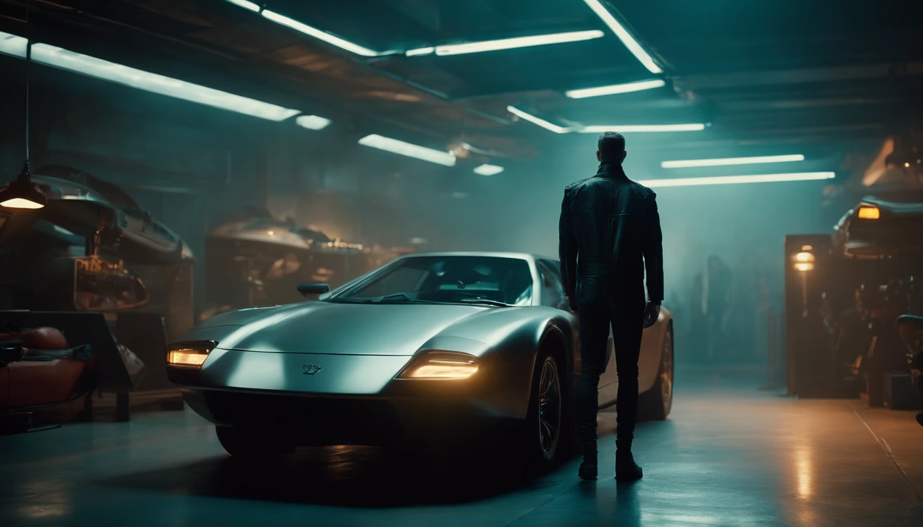 cinematic scene of cyberpunk mechanic in a futuristic garage with futuristic sportscars in the background , style of blade runner