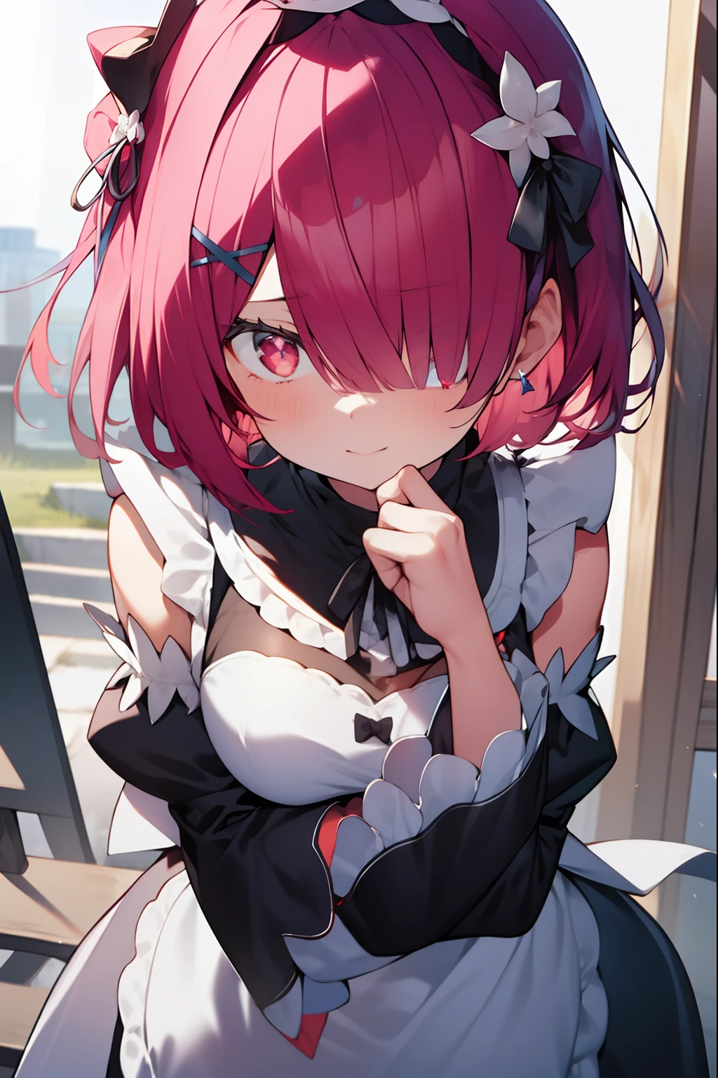 rezeroram, ram, hair flower, hair ornament, hair over one eye, pink hair, (red eyes:1.5), short hair, x hair ornament,
BREAK apron, black bow, black dress, black ribbon, bow, detached sleeves, dress, frilled apron, frilled sleeves, frills, juliet sleeves, long sleeves, maid, neck ribbon, puffy sleeves, ribbon, roswaal mansion maid uniform, thighhighs, two-tone dress, waist apron, white bow, white dress, white thighhighs,,
BREAK outdoors, city,
BREAK looking at viewer, BREAK (masterpiece:1.2), best quality, high resolution, unity 8k wallpaper, (illustration:0.8), (beautiful detailed eyes:1.6), extremely detailed face, perfect lighting, extremely detailed CG, (perfect hands, perfect anatomy),