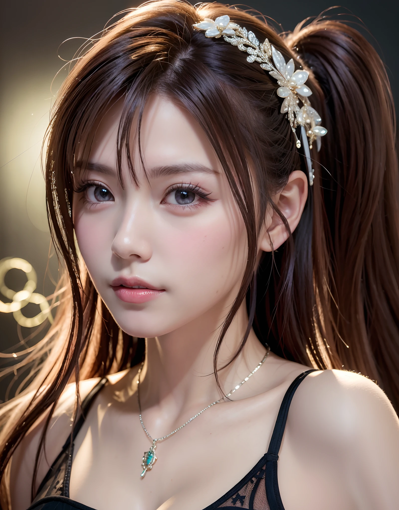 Best Quality, masutepiece, High resolution, 1girl in, Porcelain dress, Hair Accessories, Necklace, Jewelry, Beautiful face, On the body, Tindall Effect, Realistic, Dark Studio, Edge lighting, Two-tone lighting, (High Detail Skin: 1.2), 8K UHD, Digital SLR, Soft light, High quality, Volumetric Lights, Candid, Photo, High resolution, 4K, 8K, Background blur,