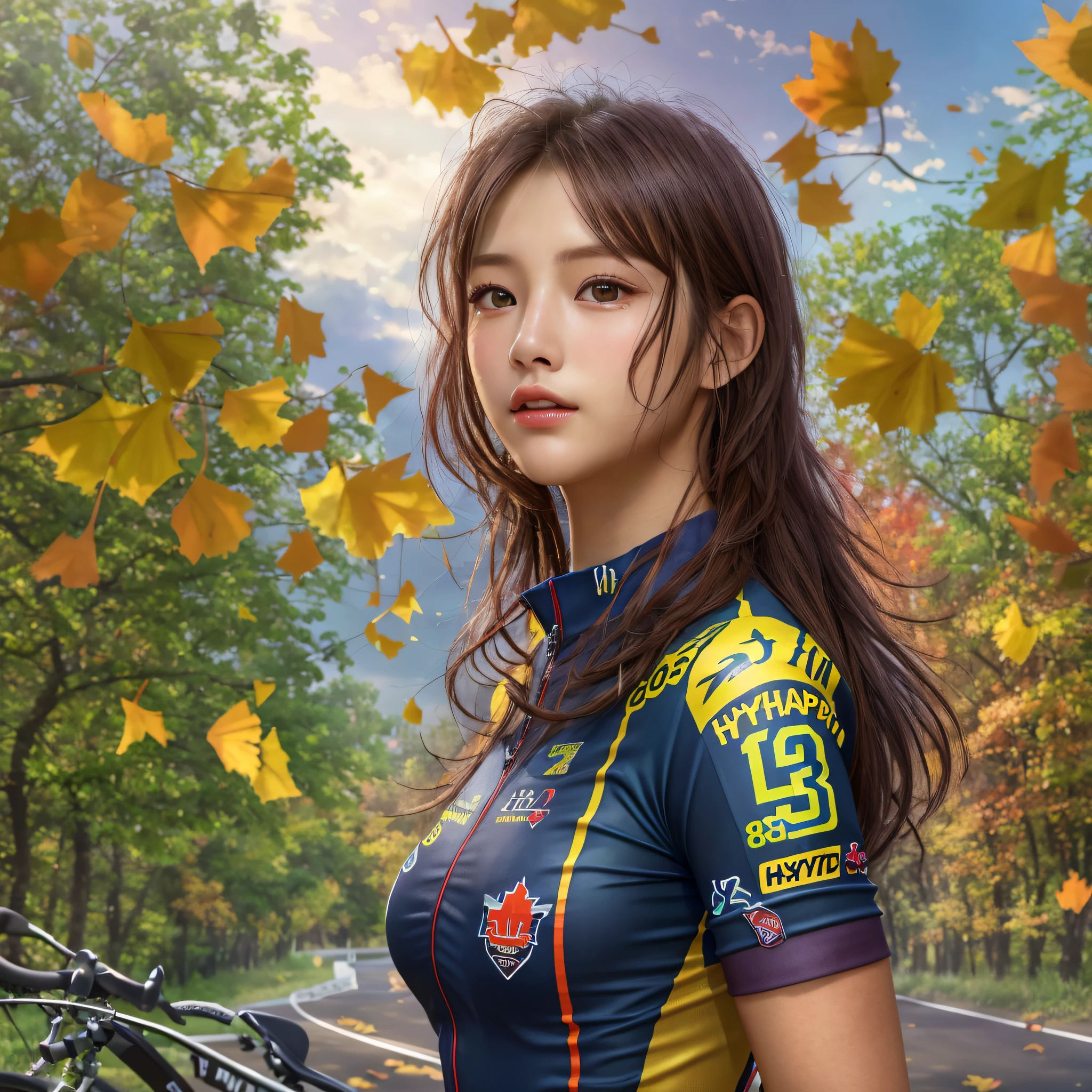 (8k, highest quality, high resolution), (photo realistic:1.3), (hyper realistic:1.3), (1Girl:1.3), happy, (Detailed Eyes), (hyper Detailed face:1.2), (Road Bike Racing Uniform), Uniform with an open chest, 18 years old, Detailed road bike, beautiful face, Medium breasts, skinny, Translucent sexy shirt, shiny skins, perfect hands, perfect legs, Ginkgo tree with foliage, Blue sky in autumn, Watch your audience, (semi-long hair, dark brown hair)