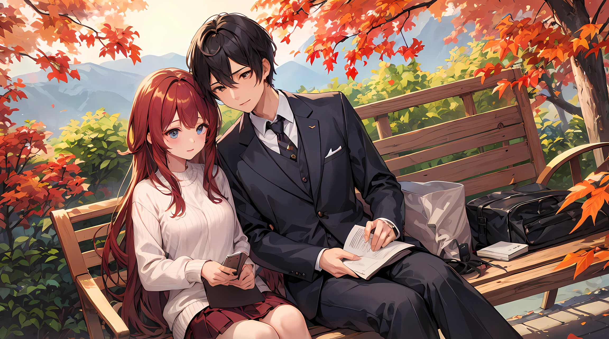 Canada、Colored leaves、Maples、A hill、Maple tree、leaves falling、1man and 1girl, Man is sitting under a tree and reading。Woman sleeping on a man's lap pillow、blissful expression、Korean Drama、Tokkebi、Gong Yoo、Kim Goeun, a man dressed in stylish suit clothes, a woman wearing a long-sleeve sweater, pleats skirt, and Red Muffler、