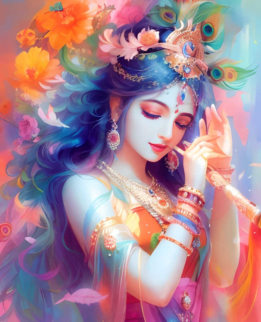 a painting of a woman with a flute in her hand, beautiful goddess, goddess of love and peace, indian goddess, goddess radha, Shri Radha Rani, goddess radha, painting of beautiful, beautiful colorful, with beautiful colors, colorful hd picure, indian god, goddess art, indian art, beautiful image, hindu art, very colorful heavenly, peacock feather on head, peacock feathers head, psychedelic goddess, hindu aesthetic, full of colors and rich detail