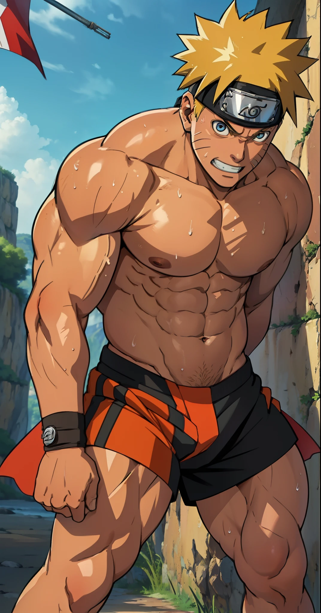 (Full body) (photo subject: Close-up of muscular thigh muscles ) (photo angle from bottom up)(Drawings of Naruto anime) (photo angle from the ground upwards) [Anime photo][highest quality photo][4k,HD photo quality ] wear tight and short loincloths   (muscular thigh muscles, firm thigh muscles, muscular thigh muscles, sinewy thigh muscles, giant thigh muscles, strong leg muscles, muscular hamstring leg muscles) ,Uzumaki Naruto fun, happy,bodybuilder,bodybuilding, standing, red skin,reddish brown skin, lots of sweat flowing down, topless, shirtless, hot sunny, (do not wear banners,do not wear headbands)