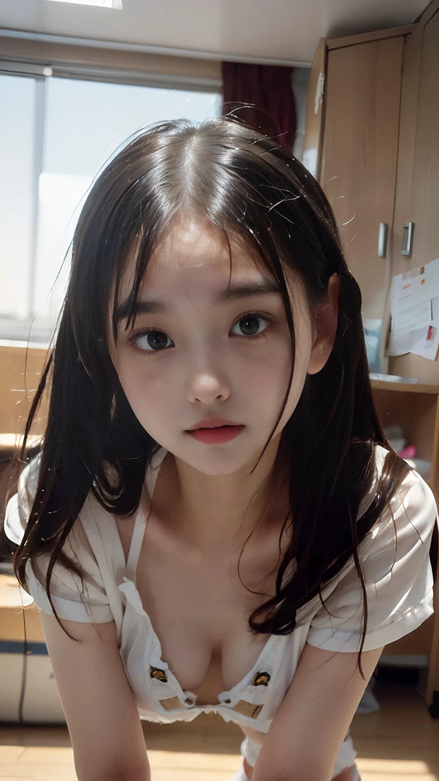 photorealisim、(13-year-old junior high school girl:1.5)、(high-school uniform:1.5)、(Katyusha:1.5)、(Smaller chest:1.8)、(all-fours:1.9)、(Smooth straight hair:1.7)、Looks like you're about to cry、Letting down your bangs、Detailed body、Detailed hand、No makeup