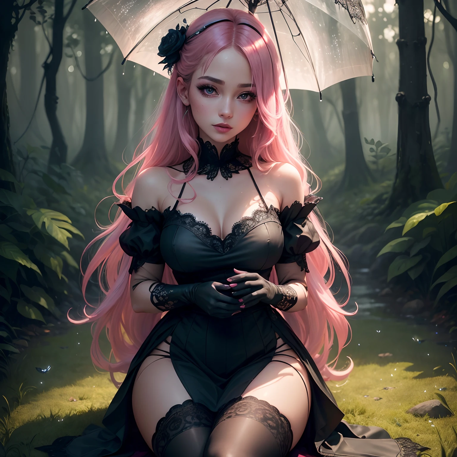 (masterpiece, highres, high quality:1.2), intricate details, cinematic lighting, A stern girl in Japanese maid's clothes, long stockings sits on the wet grass, magic firest, lot in the rain, raining Darker ,anime drawing , gothic pixiv style , pink hair, blue eyes, ocean color eyes, high-quality, fireflies fly, Pink hair, very long hair, hair intakes, makeup, lipstick, (mole under mouth:0.8), eyelashes, ultra detailed eyes, ultra detailed face, ultra detailed lips, ultra detailed lipstick, ultra detailed makeup, rainy forest, magic forest, fireflies, full body, detailed hands, detailed eyes, firefly, lace gloves, black lace gloves, high-quality eyes, wearing black lace gloves
