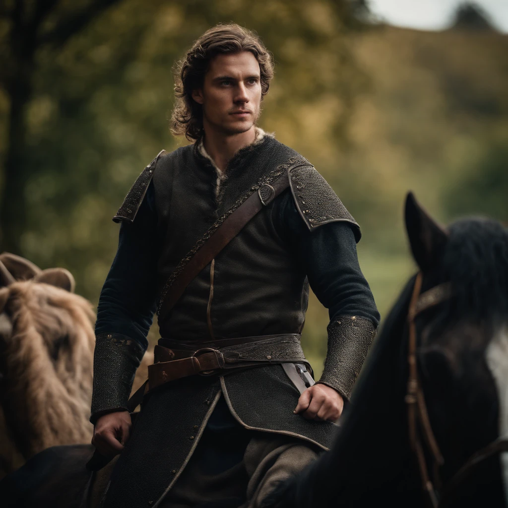 Homem medieval, homem de 25 anos, armadura preta, Young Englishman