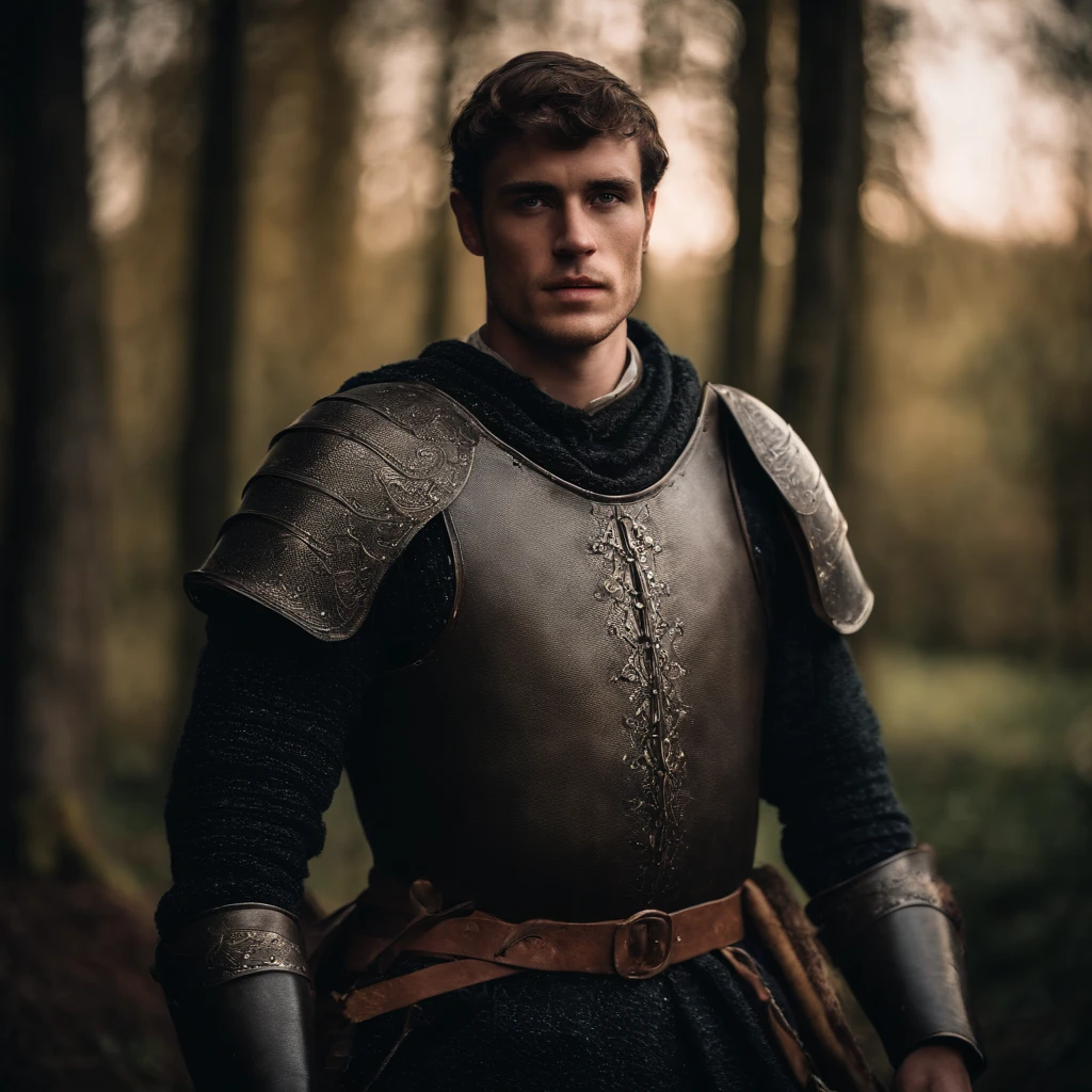 Homem medieval, homem de 25 anos, armadura preta, Young Englishman