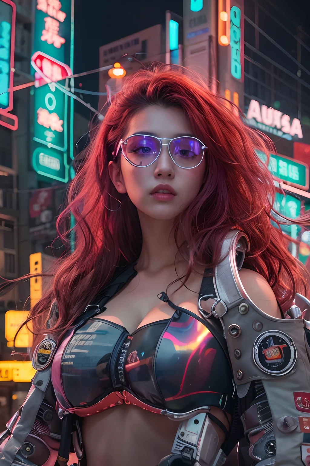 masutepiece, Dystopian city with neon signs and holograms projected on buildings and sky, Beautiful Dutch woman with huge chest and robot arm, lip stick, Yellow Virtual Reality Glasses, long straight red hair, Night, cyberpunk aesthetic, Highly detailed lighting, Dramatic, 8K, high-detail, Skin Texture, Realistic skin texture, armor, Best Quality, 超A high resolution, Photorealsitic, hight resolution, Detailed, Raw photo