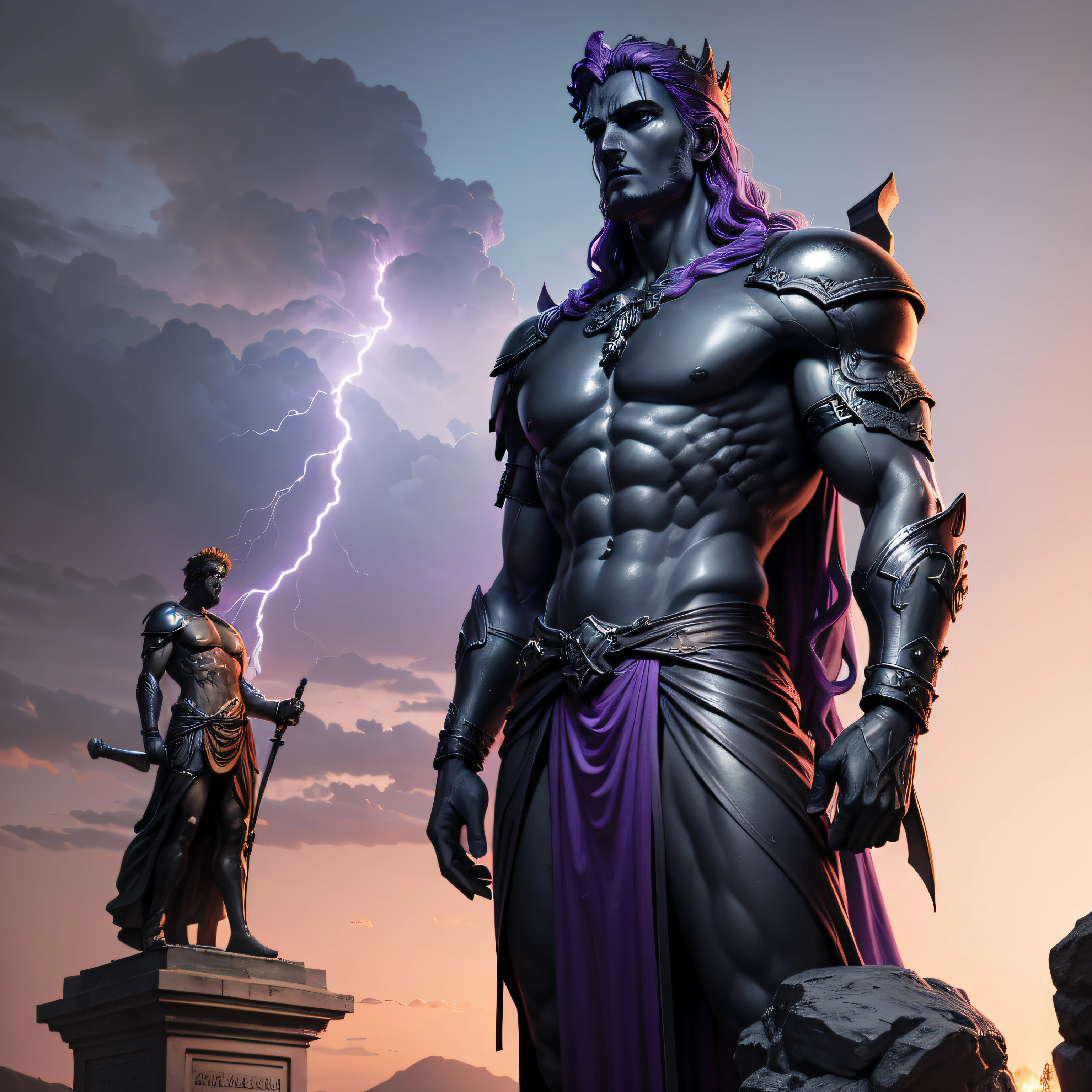 Griechische Statue des Stoizismus mit Bart und Muskeln im Herkules-Stil in 8k schwarzem Grund. Badass, keine Augen, heldenhaft, purple lightning and purple clouds