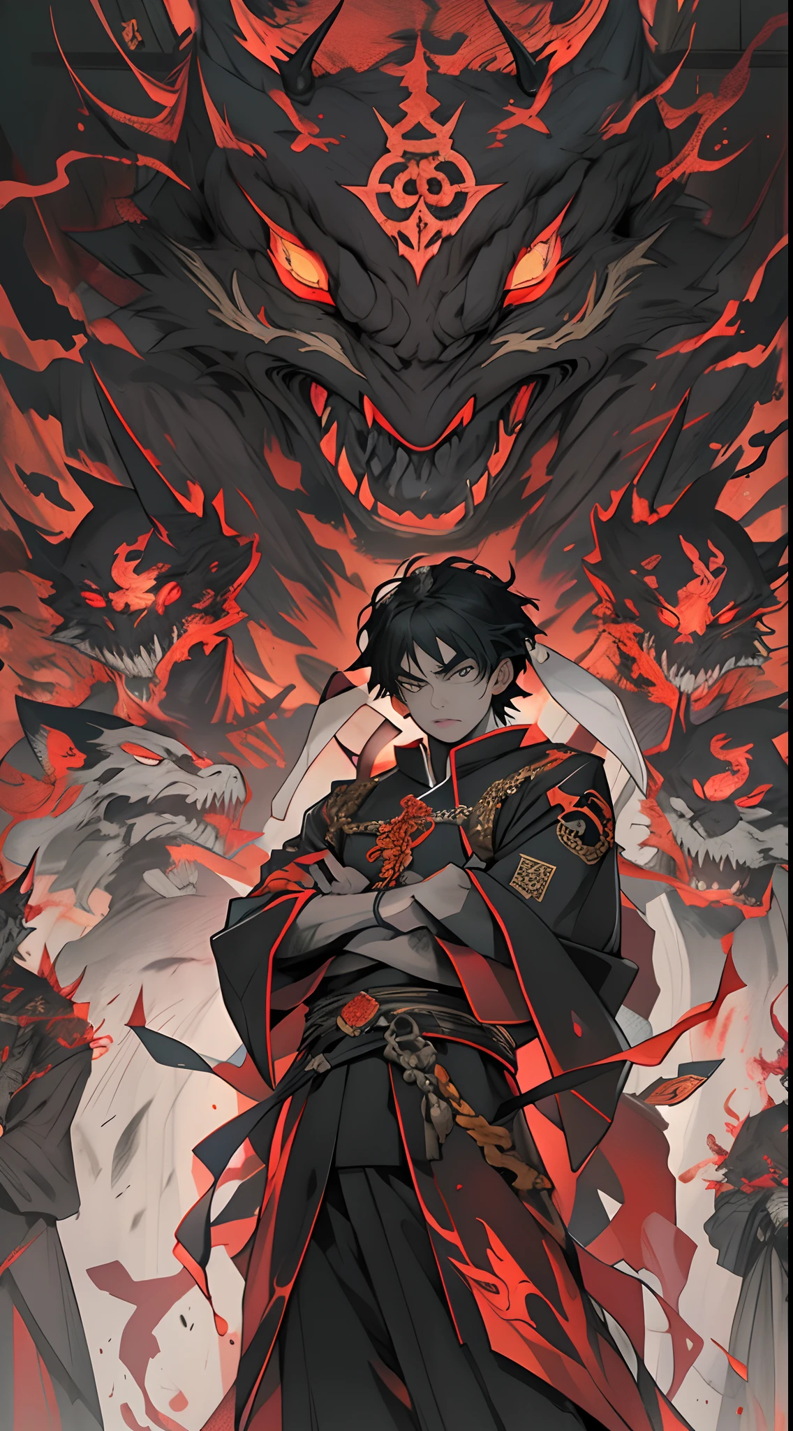 A young man standing before the entrance of the demon sect, exuding a powerful aura, surrounded by nervous demon sect members, with a look of surprise and confusion in his eyes. In the distant sky, the symbols of various righteous forces flicker, symbolizing the undercover agents planted in the sect.,32k, best quality, masterpiece, super detail, high details by Jidaimono Anime Style