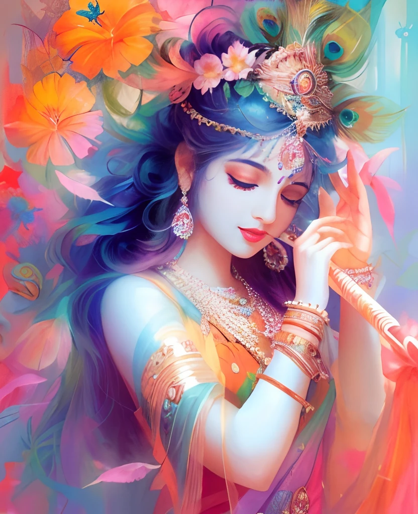 a painting of a woman with a flute in her hand, beautiful goddess, goddess of love and peace, indian goddess, goddess radha, Shri Radha Rani, goddess radha, painting of beautiful, beautiful colorful, with beautiful colors, colorful hd picure, indian god, goddess art, indian art, beautiful image, hindu art, very colorful heavenly, peacock feather on head, peacock feathers head, psychedelic goddess, hindu aesthetic, full of colors and rich detail