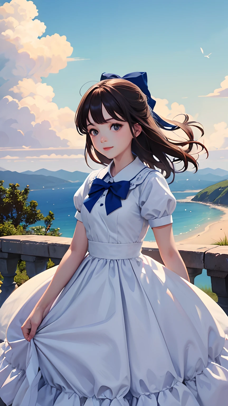 Fanart; 1girll, dress, Outdoor hugs, with blue sky and white clouds, The bow is ultra-detailed