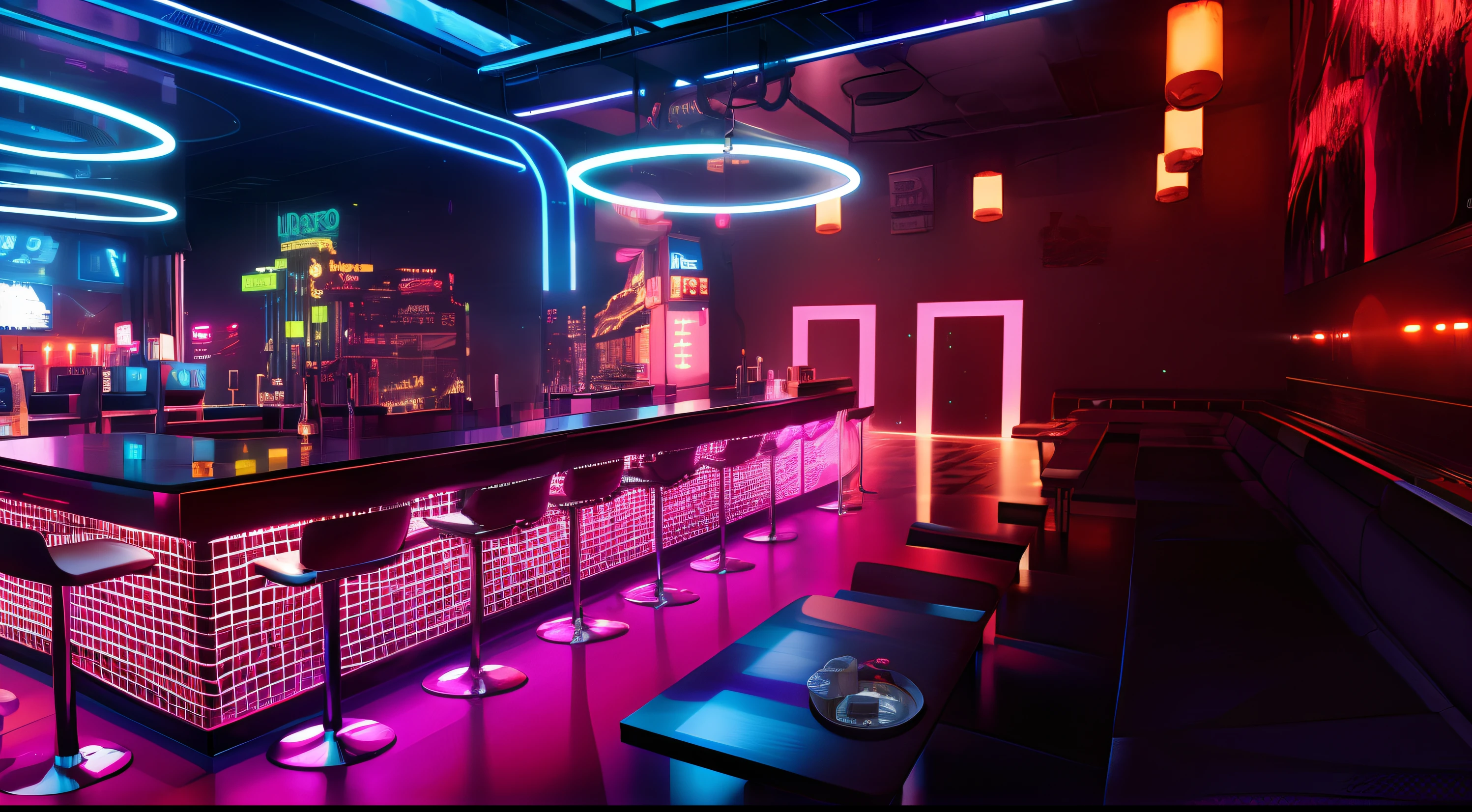 bar iluminado com bancos e mesas em uma sala mal iluminada, boate cyberpunk, very smoky cyberpunk paris bar, boate, cinematic neon uplighting, neo - noir setting, Casas noturnas e neons, boate, refletindo a luz em uma boate, Clube Noturno Sci-Fi, cyberpunk lighting, ambiente neon, cinematic colors lighting, clubes de strip cyberpunk