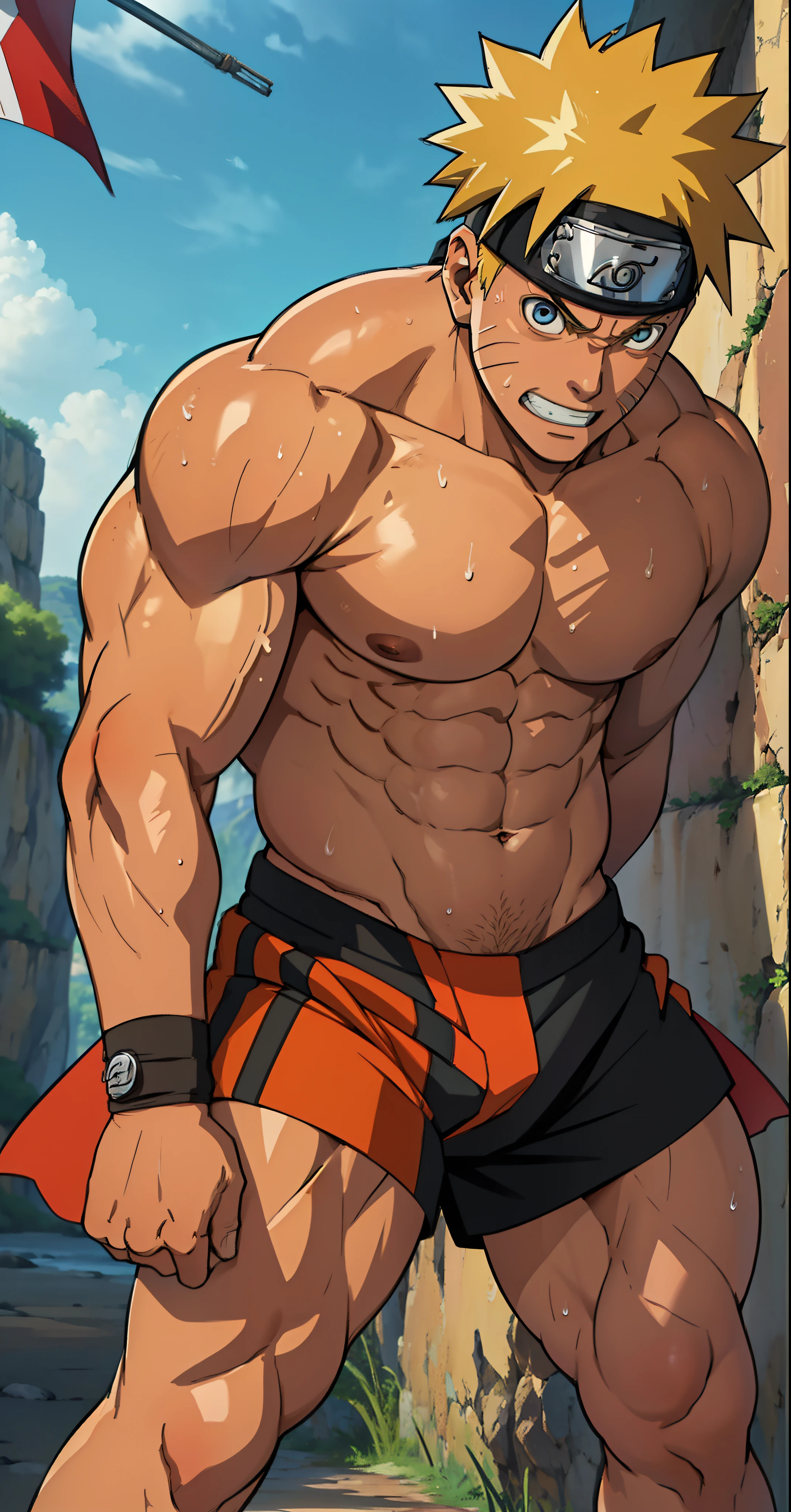 (Full body) (photo subject: Close-up of muscular thigh muscles ) (photo angle from bottom up)(Drawings of Naruto anime) (photo angle from the ground upwards) [Anime photo][highest quality photo][4k,HD photo quality ] wear tight and short loincloths   (muscular thigh muscles, firm thigh muscles, muscular thigh muscles, sinewy thigh muscles, giant thigh muscles, strong leg muscles, muscular hamstring leg muscles) ,Uzumaki Naruto fun, happy,bodybuilder,bodybuilding, standing, red skin,reddish brown skin, lots of sweat flowing down, topless, shirtless, hot sunny, (do not wear banners,do not wear headbands)