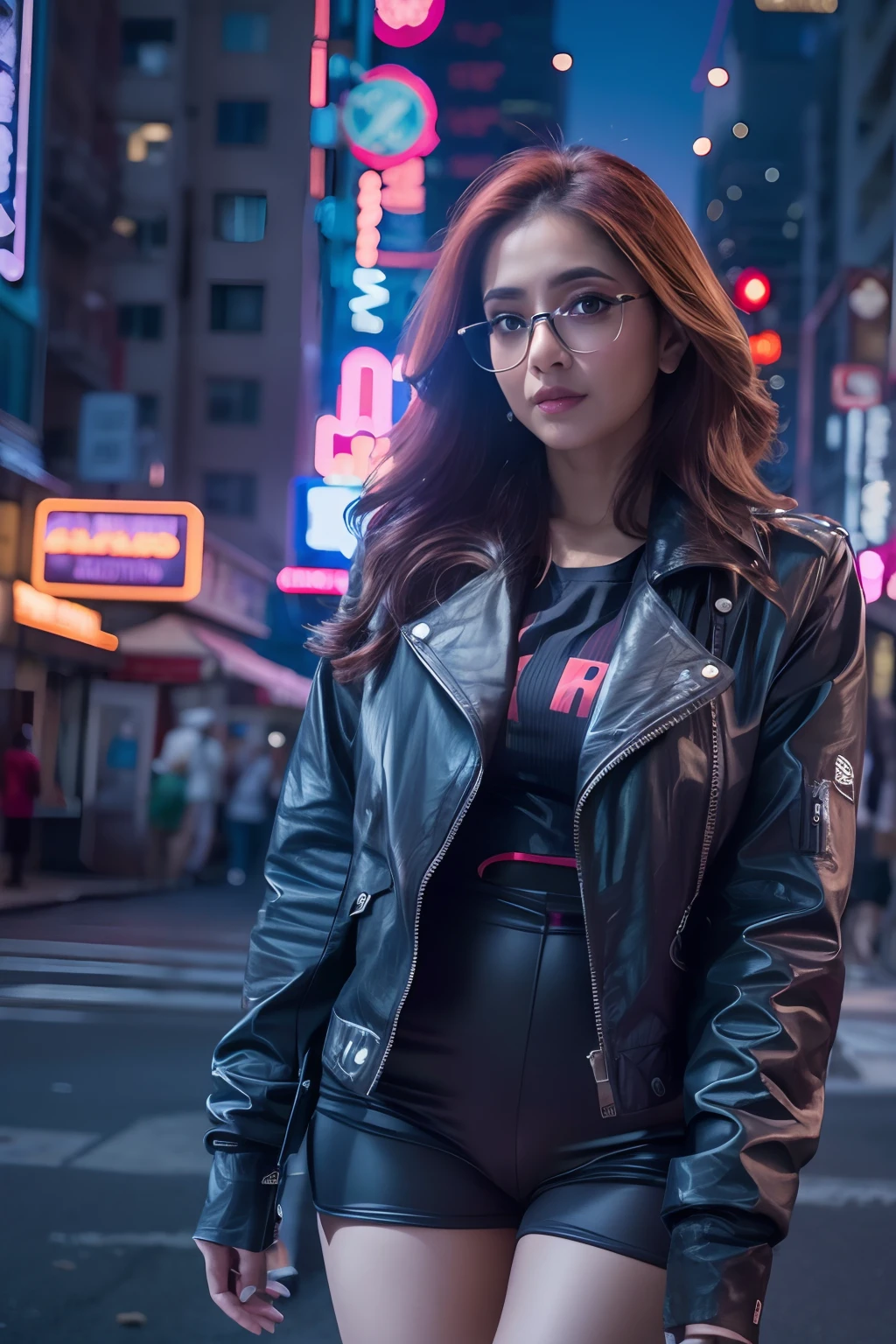 masutepiece, Dystopian city with neon signs and holograms projected on buildings and sky, Beautiful American woman with slim body shape, lip stick, Purple glasses, long straight red hair, Night, cyberpunk aesthetic, Highly detailed lighting, Dramatic, 8K, high-detail, Skin Texture, Realistic skin texture, armor, Best Quality, 超A high resolution, Photorealsitic, hight resolution, Detailed, Raw photo