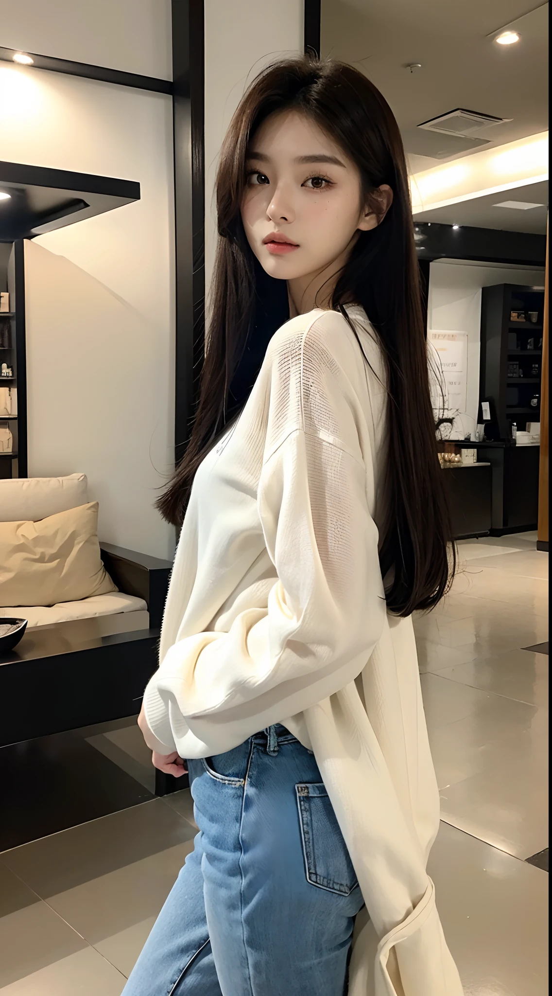 masterpiece、top-quality)、1 beutiful girl、Slim body、((Black and white plain clothes:1.1))、(Detailed beautiful eyes)、Walk around the store、((Boyish Brown Medium Hair))、((Smaller face))、((Neutral face))、((Face seen from the side))、((Light brown eyes))、((Korean Girl))、((18year old))、((cool lady))、((Wild look))、((Korean Makeup))、((elongated and sharp eyes))、((Happy dating))、((looking distantly))、((boyish))、((Shot from the same height as your face))、((Viewers are tall))、((She is walking in front of the viewer))、((Happy to be spoiled by viewers))