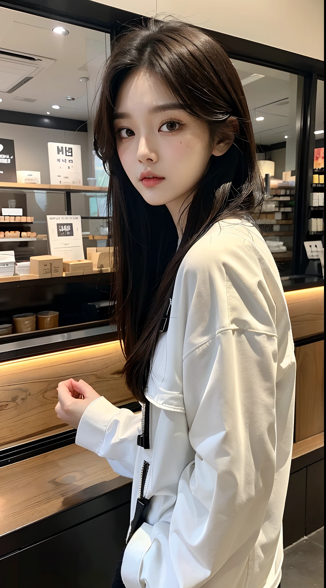 masterpiece、top-quality)、1 beutiful girl、Slim body、((Black and white plain clothes:1.1))、(Detailed beautiful eyes)、Walk around the store、((Boyish Brown Medium Hair))、((Smaller face))、((Neutral face))、((Face seen from the side))、((Light brown eyes))、((Korean Girl))、((18year old))、((cool lady))、((Wild look))、((Korean Makeup))、((elongated and sharp eyes))、((Happy dating))、((looking distantly))、((boyish))、((Shot from the same height as your face))、((Viewers are tall))、((She is walking in front of the viewer))、((Happy to be spoiled by viewers))