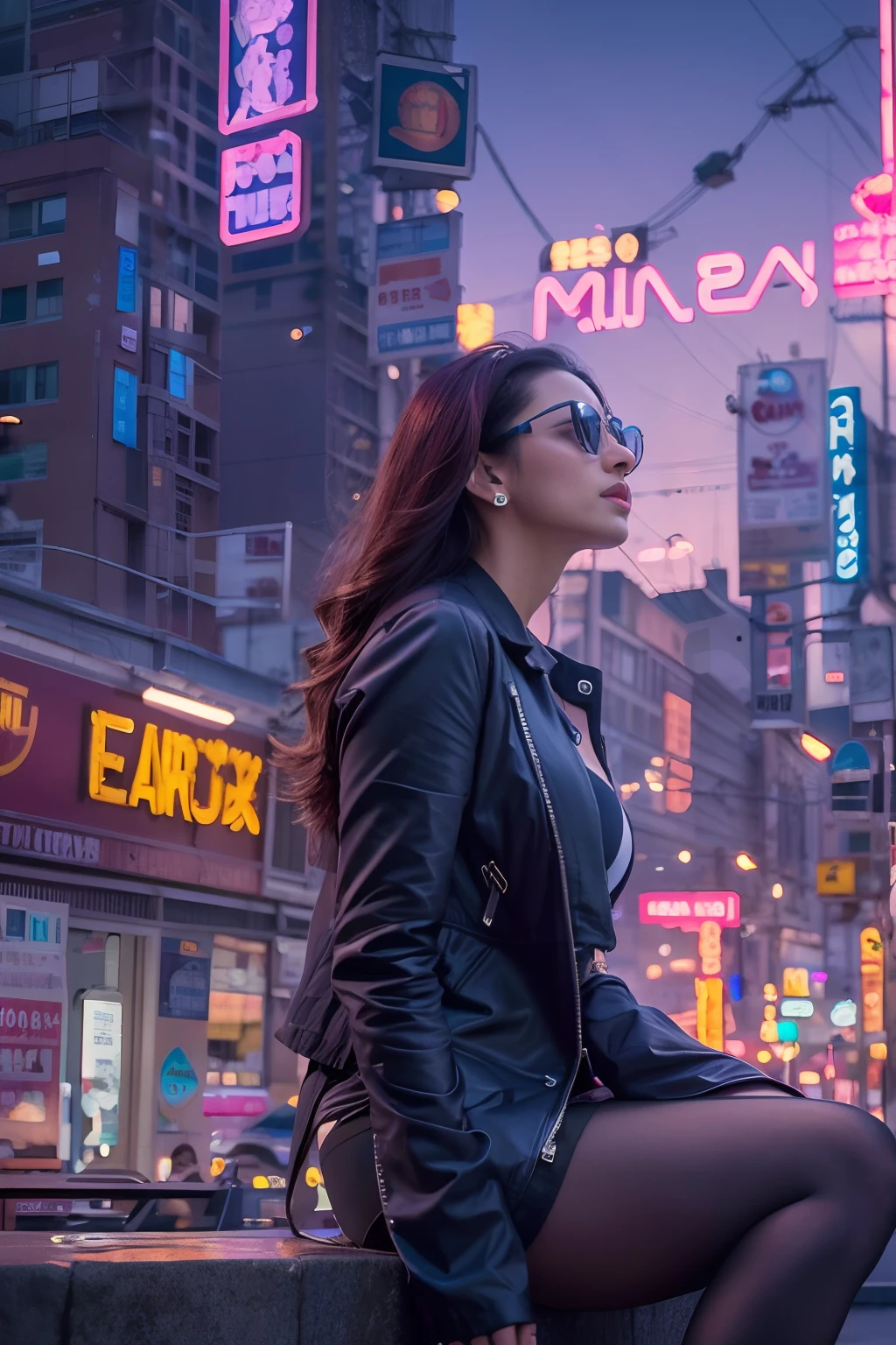 masutepiece, Dystopian city with neon signs and holograms projected on buildings and sky, Beautiful American woman with slim body shape, lip stick, Purple glasses, long straight red hair, Night, cyberpunk aesthetic, Highly detailed lighting, Dramatic, 8K, high-detail, Skin Texture, Realistic skin texture, armor, Best Quality, 超A high resolution, Photorealsitic, hight resolution, Detailed, Raw photo