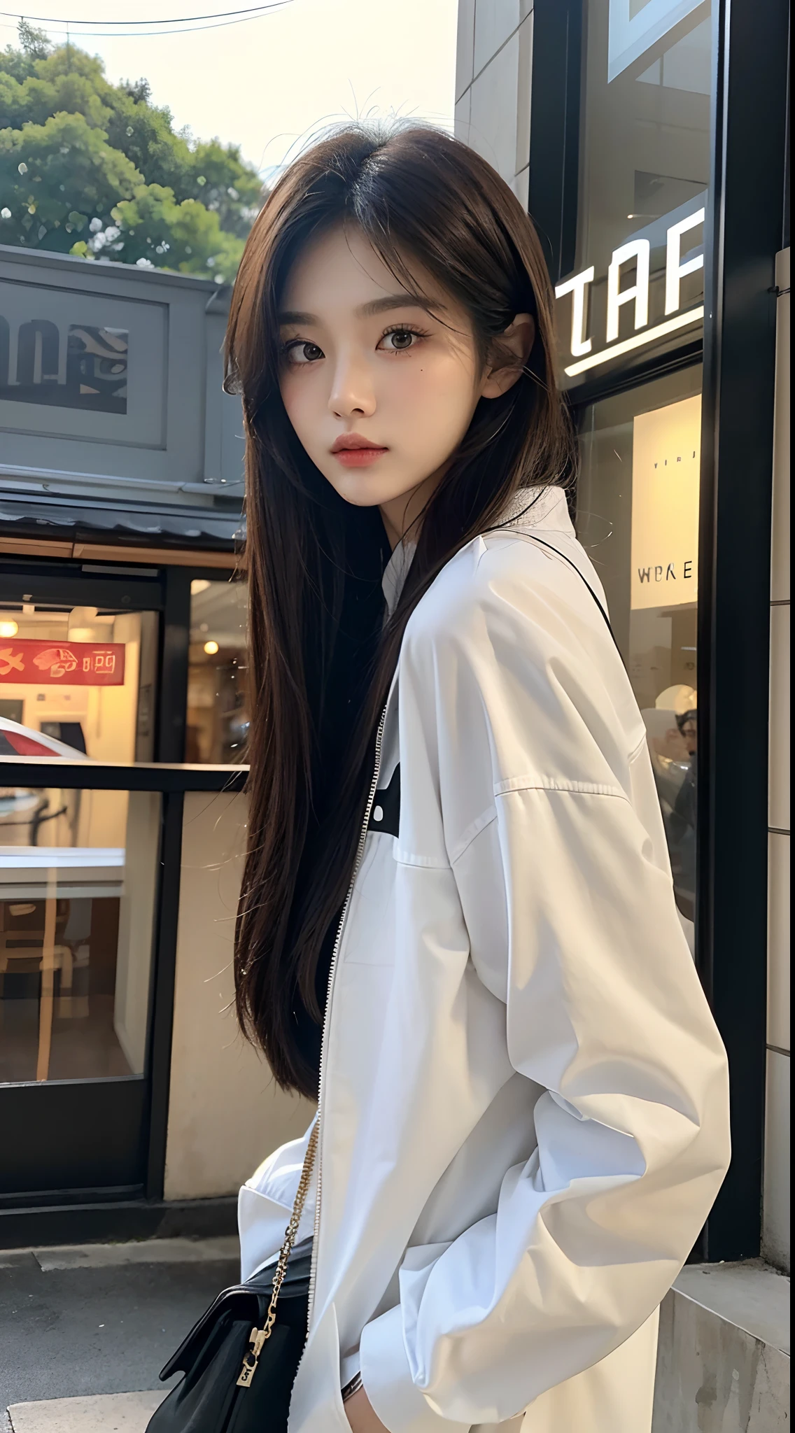 masterpiece、top-quality)、1 beutiful girl、Slim body、((Black and white plain clothes:1.1))、(Detailed beautiful eyes)、Walk around the store、((Boyish Brown Medium Hair))、((Smaller face))、((Neutral face))、((Face seen from the side))、((Light brown eyes))、((Korean Girl))、((18year old))、((cool lady))、((Wild look))、((Korean Makeup))、((elongated and sharp eyes))、((Happy dating))、((looking distantly))、((boyish))、((Shot from the same height as your face))、((Viewers are tall))、((She is walking in front of the viewer))、((Happy to be spoiled by viewers))