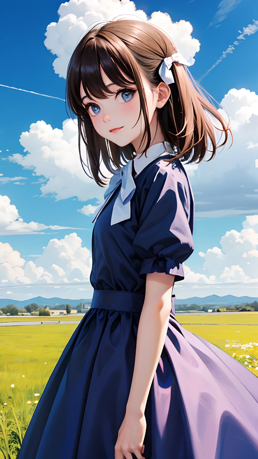 Fanart; 1girll, dress, Outdoor hugs, with blue sky and white clouds, The bow is ultra-detailed