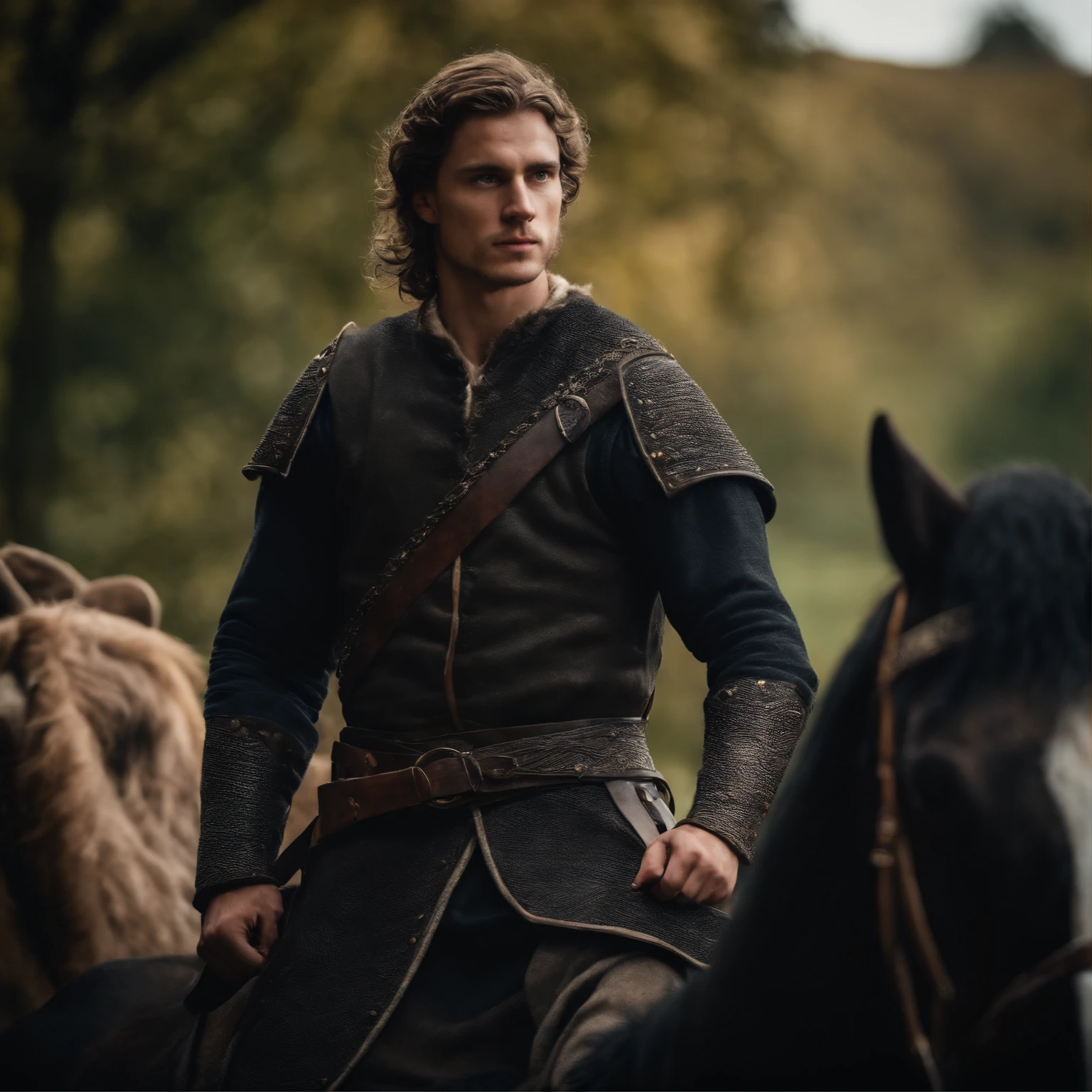 Homem medieval, homem de 25 anos, armadura preta, Young Englishman