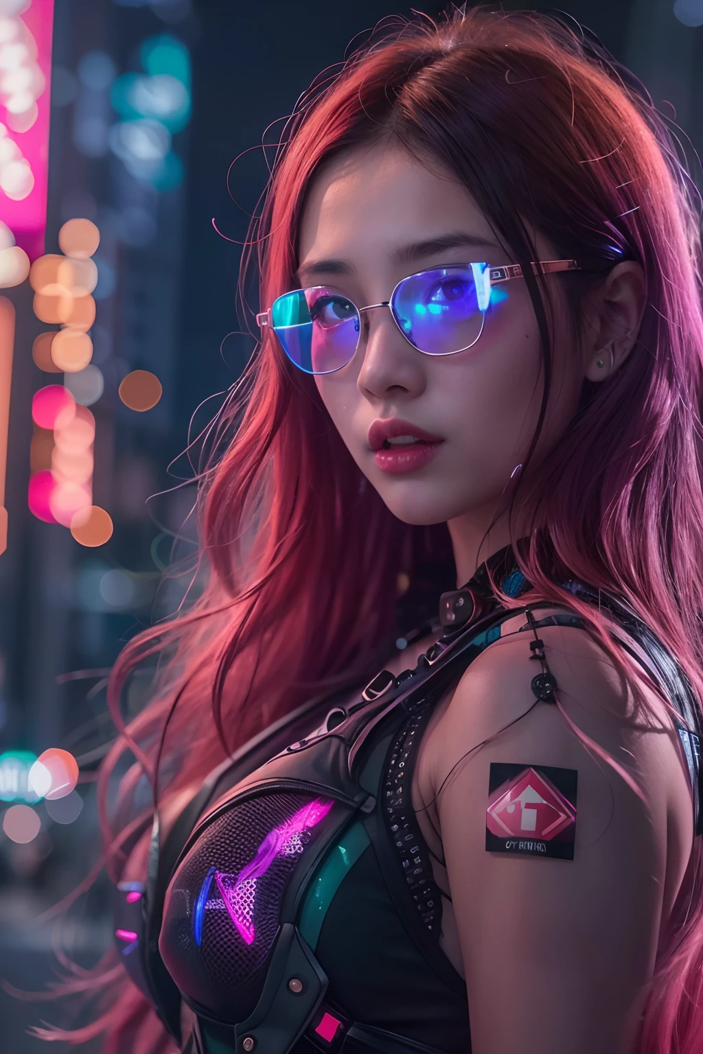 masutepiece, Dystopian city with neon signs and holograms projected on buildings and sky, Beautiful American woman with slim body shape, lip stick, Green Virtual Reality Glasses, long straight red hair, Night, cyberpunk aesthetic, Highly detailed lighting, Dramatic, 8K, high-detail, Skin Texture, Realistic skin texture, armor, Best Quality, 超A high resolution, Photorealsitic, hight resolution, Detailed, Raw photo