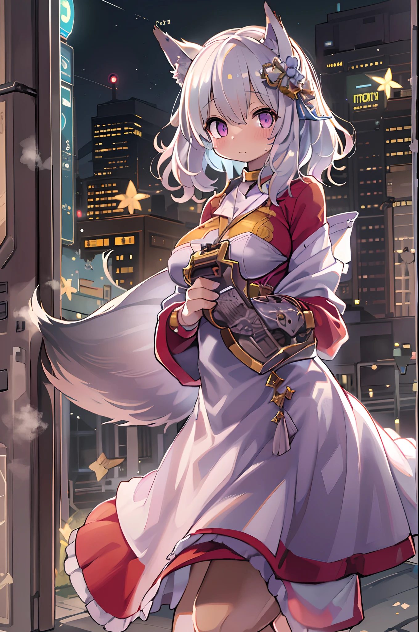1 girl, mideum breasts, Starry eyes, (8K, Raw photo, High sensitivity, Best Quality, masutepiece, Ultra High Resolution, Realism: 1.25), blush, (Very detailed CG Unity 8K wallpaper, Best Quality, High resolution: 1.2), (Ultras_Detailed, nffsw: 1.2), Perfect Lighting, Unique, (1 girl: 1.4), (Pretty girl: 1.2), Unreal Engine, side lights, White hair, Fox ears, Purple eyes, Perfect face, Detailed face, Perfect body, Beautiful eyes, Beautiful face, (bright skin: 1.4), Idol, (Full body), Red T-shirt, Transparent,