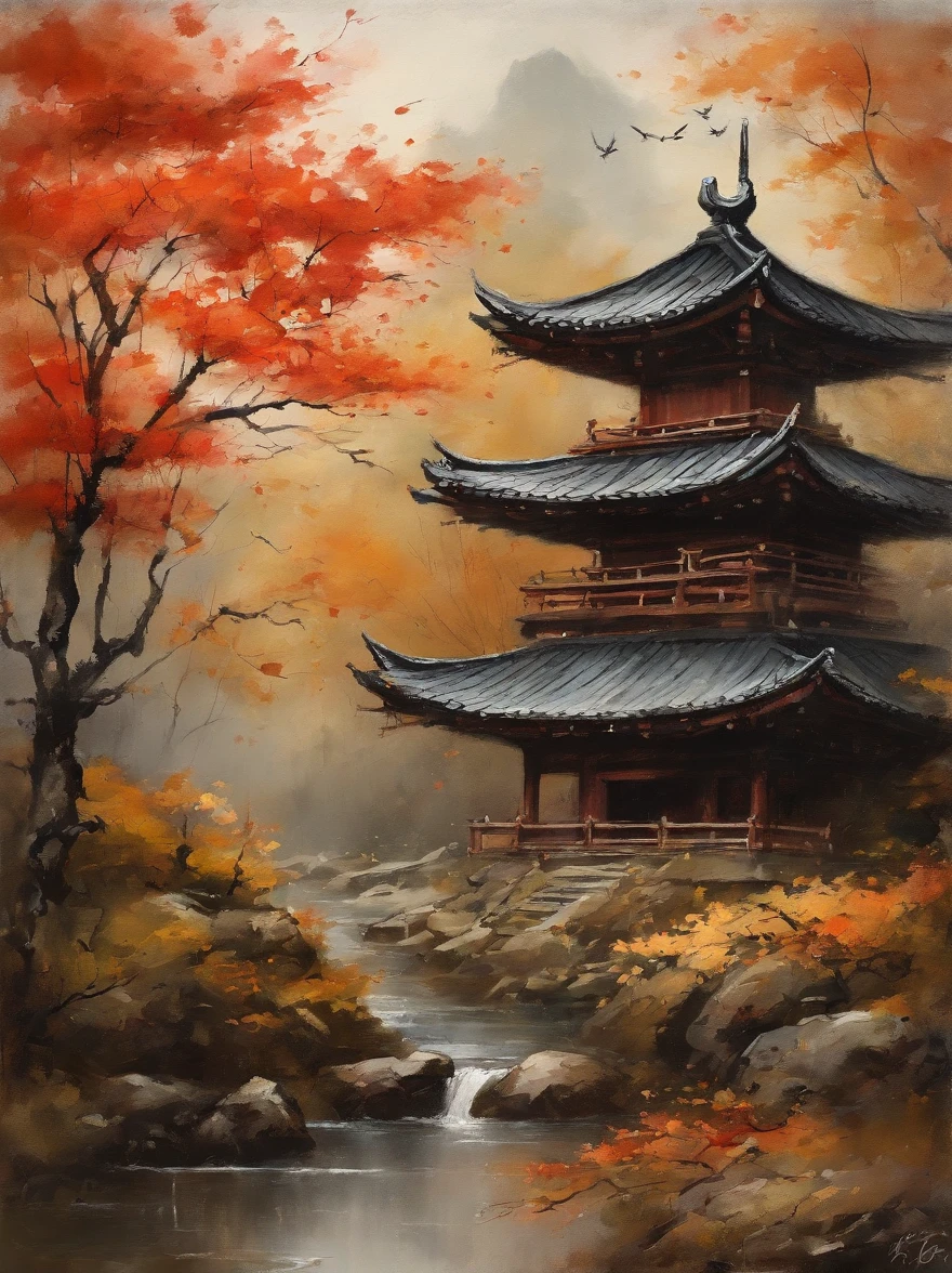 Quaint Han Dynasty style temple,(There was an ancient Chinese monk who sat and meditated(closeup cleavage)),(Meditate),zazen,age-old tree,falling leaf,(Chinese landscape painting style),(Pastel ink painting),(8k wallpaper),(light and shadow effect),rendering by octane,White balance design,Extremely detailed picture depiction,wide angles,depth of fields,tmasterpiece,realisticlying,Beautifully depicted,A detailed,acurate,Works of masters,tmasterpiece
