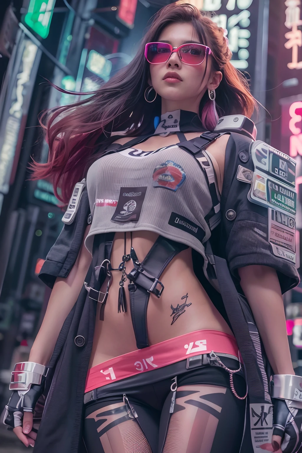masutepiece, Dystopian city with neon signs and holograms projected on buildings and sky, Beautiful American woman with slim body shape, lip stick, Green Virtual Reality Glasses, long straight red hair, Night, cyberpunk aesthetic, Highly detailed lighting, Dramatic, 8K, high-detail, Skin Texture, Realistic skin texture, armor, Best Quality, 超A high resolution, Photorealsitic, hight resolution, Detailed, Raw photo