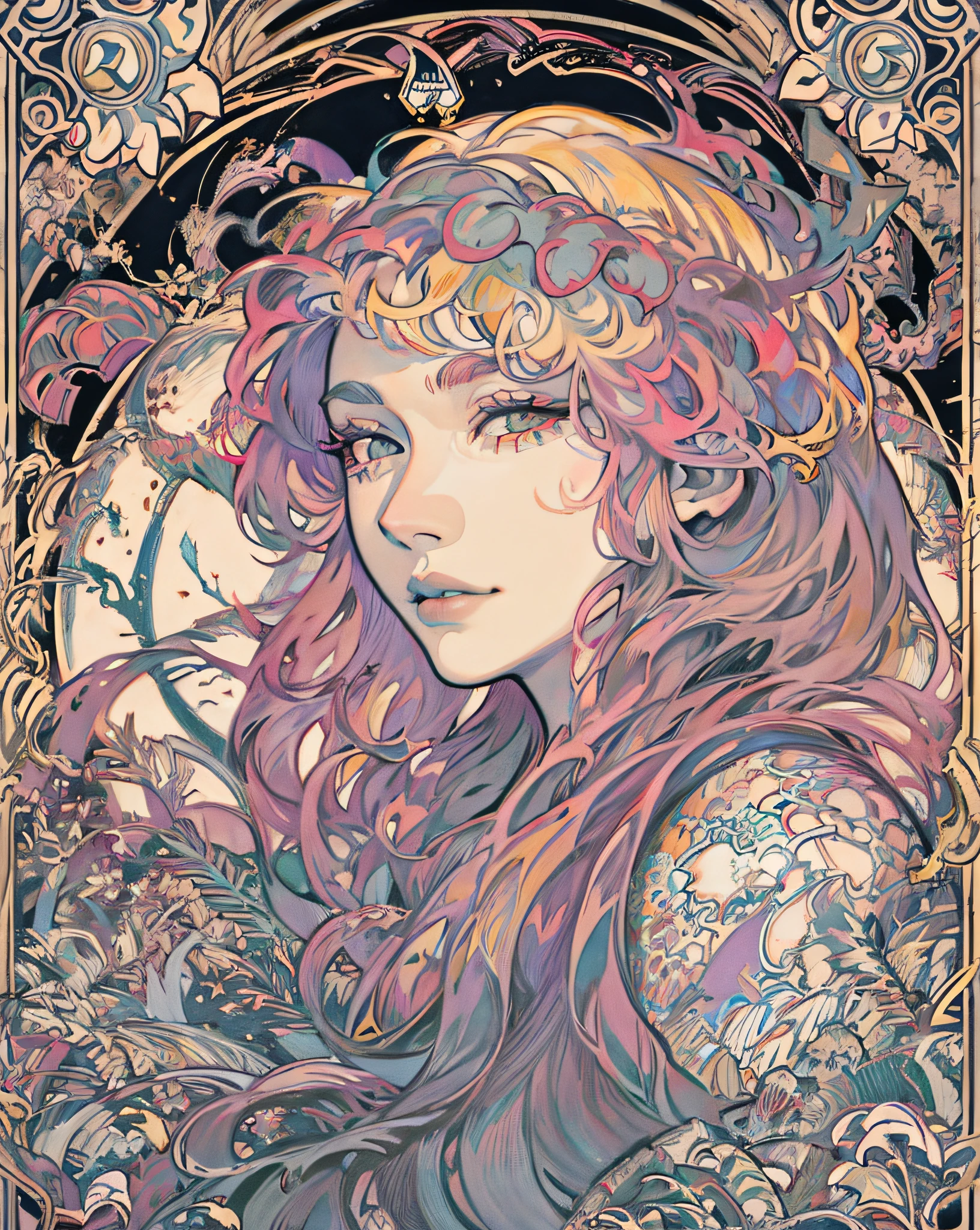 Genshin, light hair, tarot card art, black background, smoke background, line art, clean line art, Nature-themed coloring mandala, simple and clean line art, coloring book page, adorned in Art Nouveau style, Alfons Mucha, perfect intricate details, realistic.