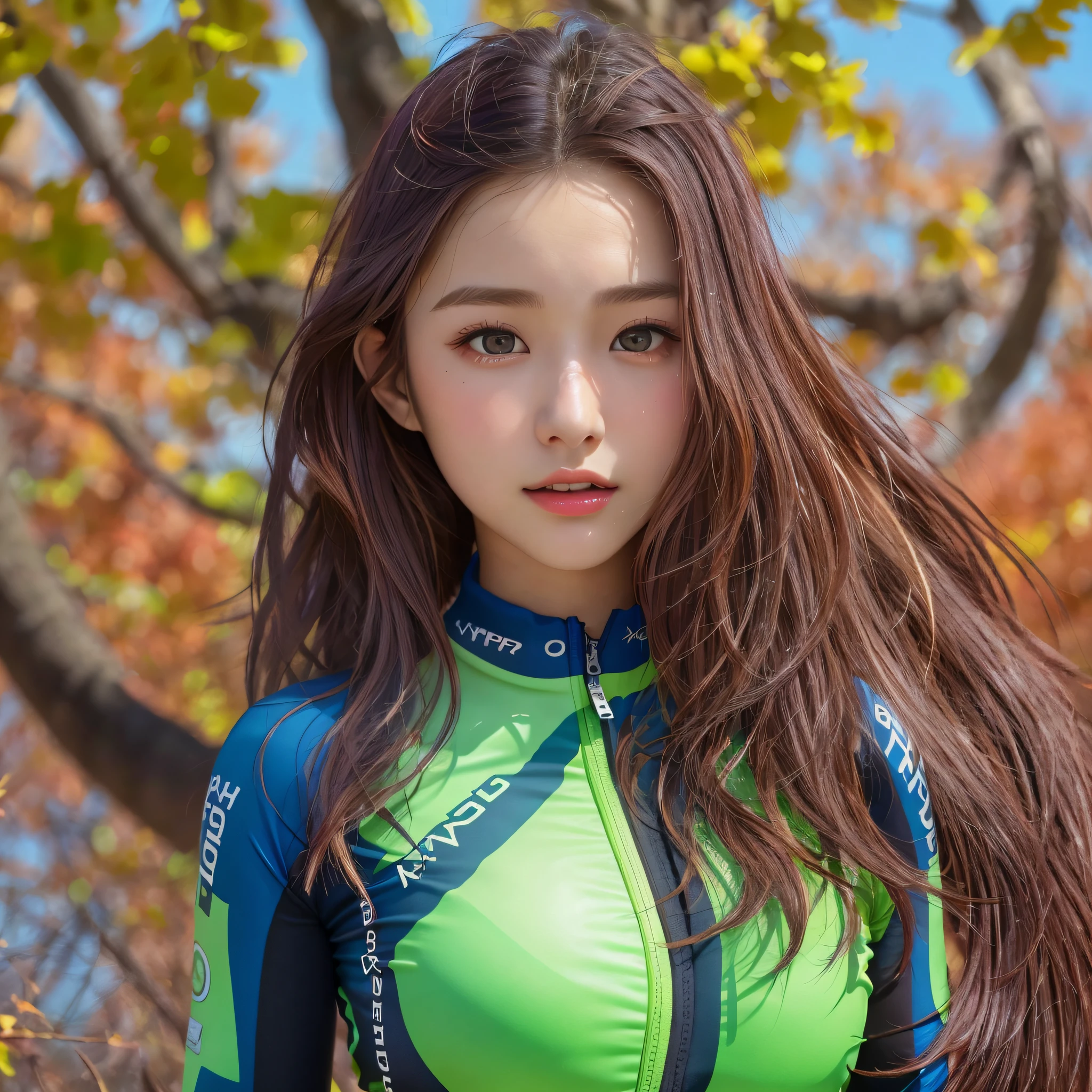 (8k, highest quality, high resolution), (photo realistic:1.2), (hyper realistic:1.2), (1Girl:1.3), happy:1.2, (Detailed Eyes), (hyper Detailed face:1.2), (Road Bike Racing Uniform), Uniform with an open chest, 18 years old, Detailed road bike, beautiful face, Medium breasts, skinny, Translucent sexy shirt, shiny skins, perfect hands, perfect legs, Ginkgo tree with foliage, Blue sky in autumn, Watch your audience, (medium hair, dark brown hair)