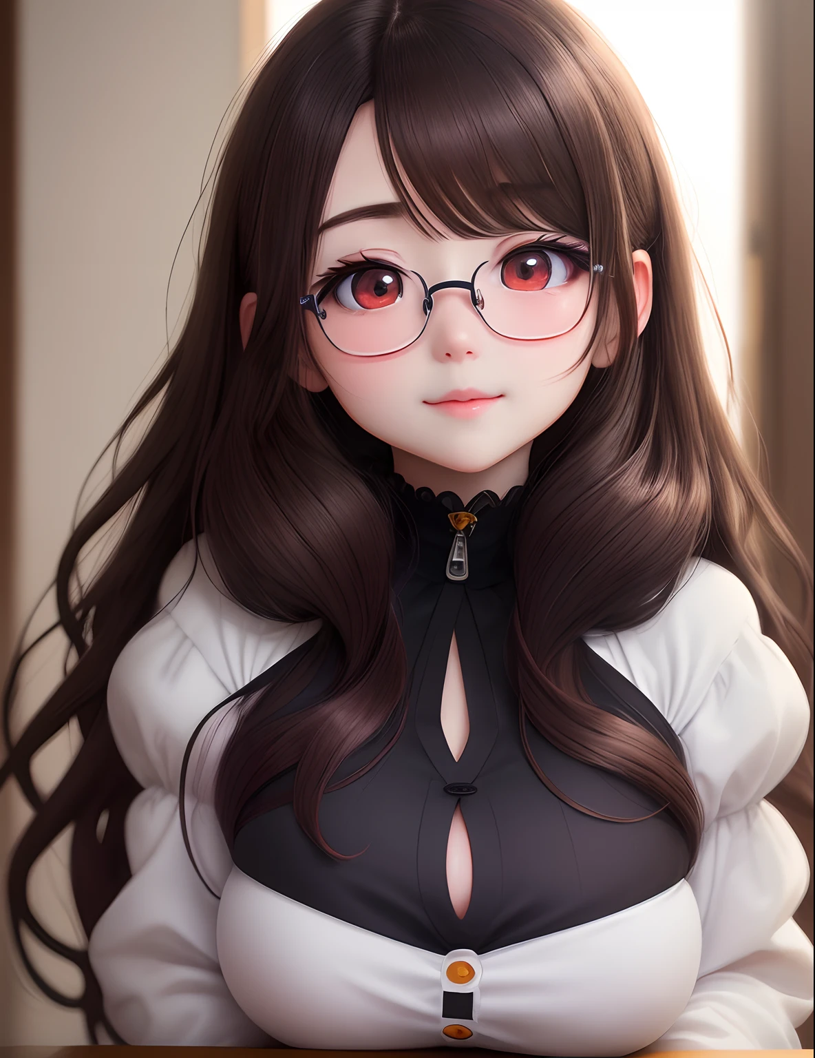 masuter piece、Soft smile、Longhaire、 brilliant light and shadow、Thick lip(Very red)、5 times more eyes than normal(Move down and center)、Highlights the hair cuticle、Little Girl、eye glass、A dark-haired、Gentle face、in a 4k、Sareme 、Blushing cheeks、Sparkling eyes、The corners of the eyebrows are lowered、Wide open eyes、Cute anime portraits、head is large、2 d anime style、small nose、Emphasis on the chest(Colossal tits)、fullnude、Dark shading