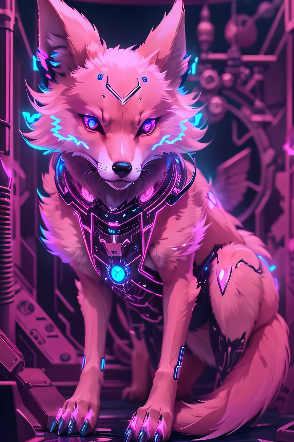 a pink glowing fox with a metalic cyborg android looking fox skull as a face with metal claws bleu glowing wings floathing around his back
