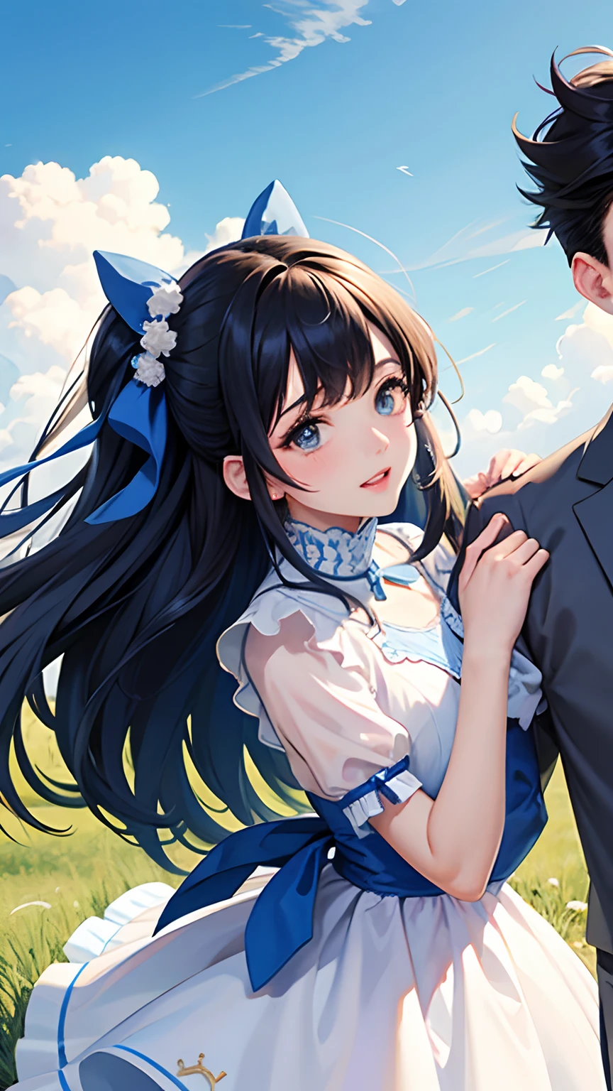 Fanart; 1girll, 1boys, dress, Outdoor hugs, with blue sky and white clouds, yellow bow,Couple avatar,Ultra detailed