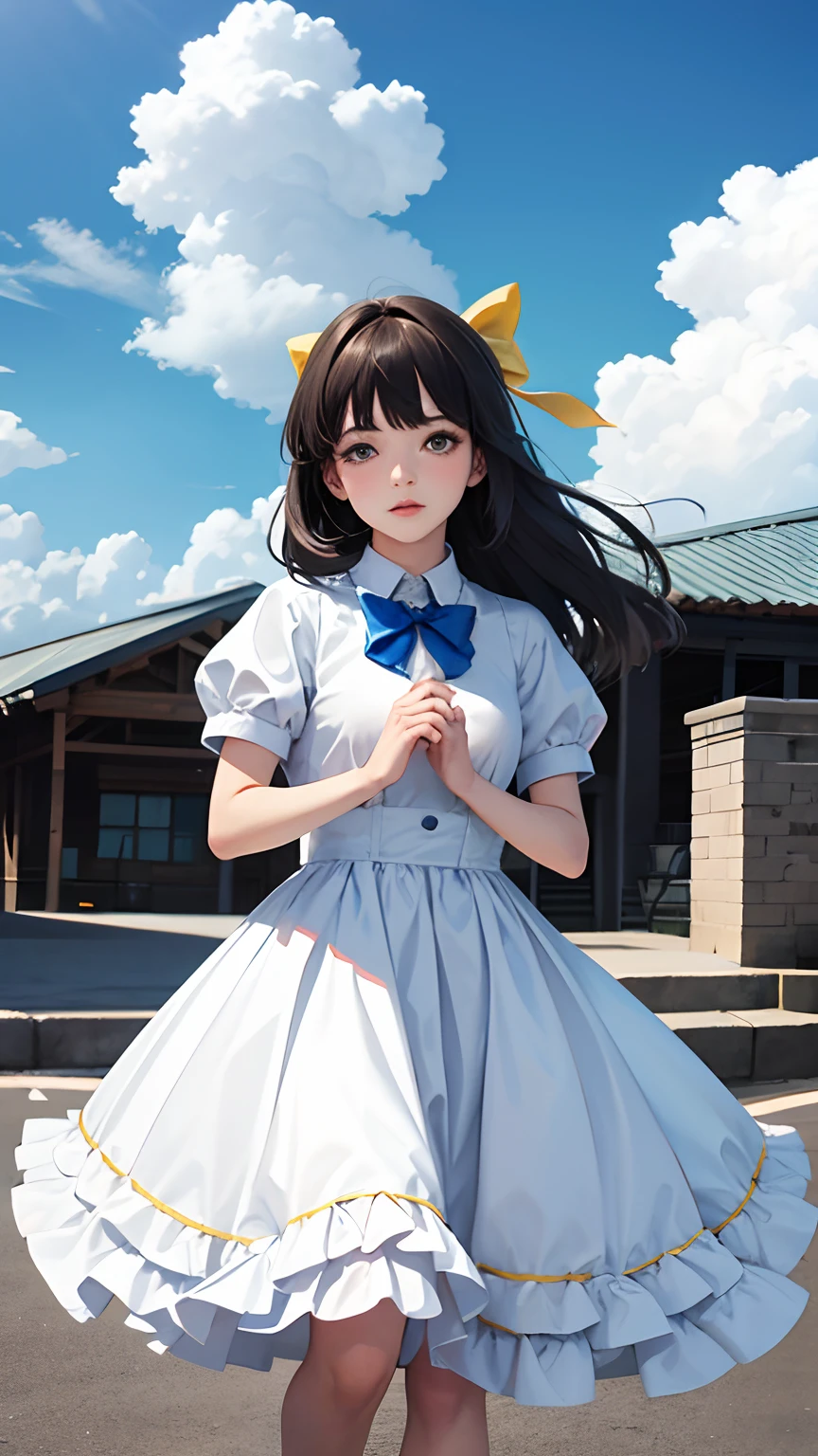 Fanart; 1girll, 1boys, dress, Outdoor hugs, with blue sky and white clouds, yellow bow,Couple avatar,Ultra detailed