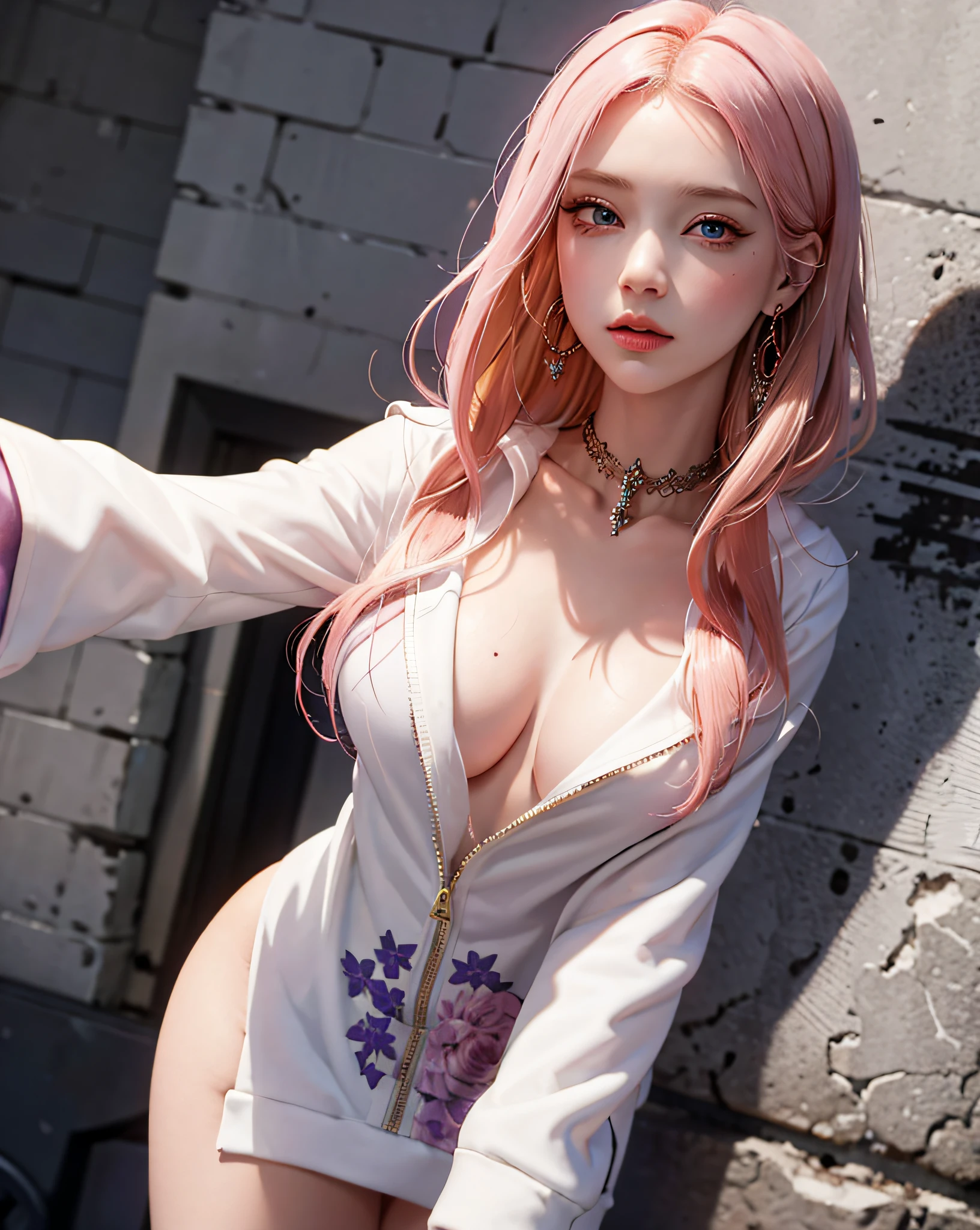 (masterpiece, best quality, 1girl, solo, intricate details, chromatic aberration), realistic,((medium breath)),long hair, blond hair, red head ornament, pink highlights, hair over one eye,purple eyes, earrings, sharp eyes, choker,black naked hoodie, (symmetry eyes),(perfect symmetrical body),against wall, brick wall, graffiti, dim lighting, alley ,look at viewer,