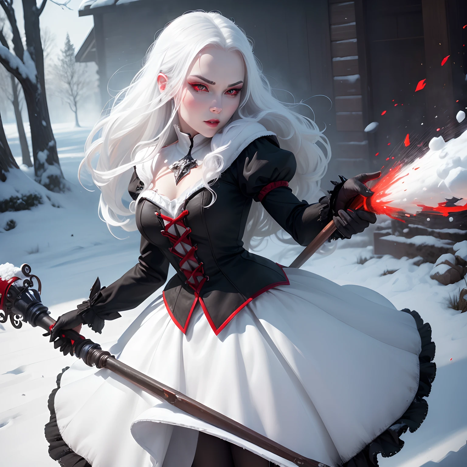 (Best Quality,Ultra-detailed,Realistic:1.37),Evil Snow White,Evil face,red eyes,White hair,snow blowing,Full body
