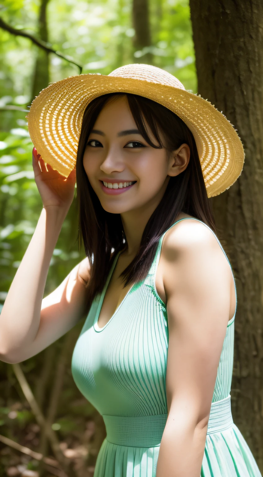 in woods、Having an insect net、a straw fedora hat、onepiece、a smile、absolutely outstanding image, very extremely beautiful、masterpiece, top-quality,a picture, kawaii、(Colossal tits:1.2)、,8K,Japan girl realistic young idol、Young cute gravure idol、Young Sensual Gravure Idol、Young gravure idols、model in Japan