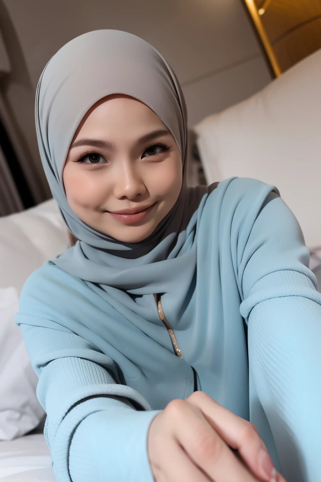 matured malay woman in hijab naked sleeping in bed portrait photography, lying in bed, mid shot photo, ultra detail, professional photograph with professional lighting, smile, light blue bed, bedroom, sexy seducing sleep pose, curvy