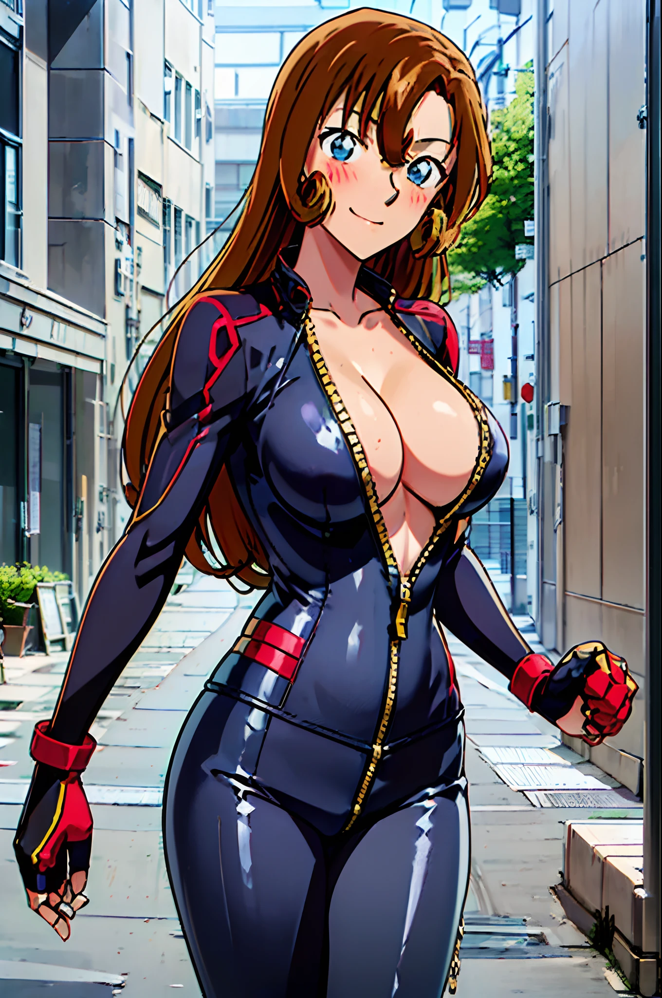 ultra detailed face, best quality, anime style, hires, digital blending, bold drawing lines, ((female biker), (slender body), mature woman, milf, (dark purple only, one color only, one piece, normal catsuit, half zipped, cover whole body, motorbike suit) victorious, gorgeous, winner, not blushing, confident face, smile, (closed mouth), (pale skin, shiny skin, lighting and shadow), (cleavage) (only one arm stretching),closed fists, (brown, long hair, curly bangs), 37 years old