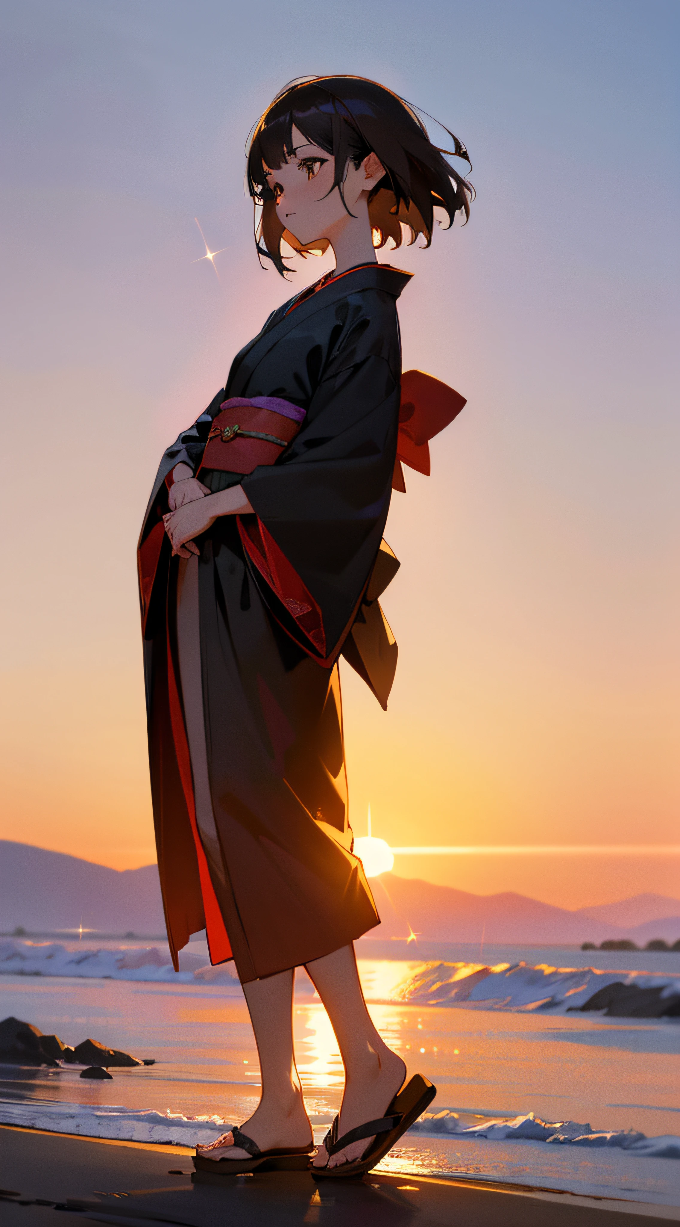 Best Quality, Unity 8k Wallpapers, 32K, masterpiece, ultra-detailliert, high resolution, cinematic Film still from,1girl,cute, delicate facial features, short brown-haired silk girl,brown eyes, realistic pupils, detailed eyes, full body, a black and red kimono, platinum necklace, starrysky,brightly,glitters,the sunset,full body esbian