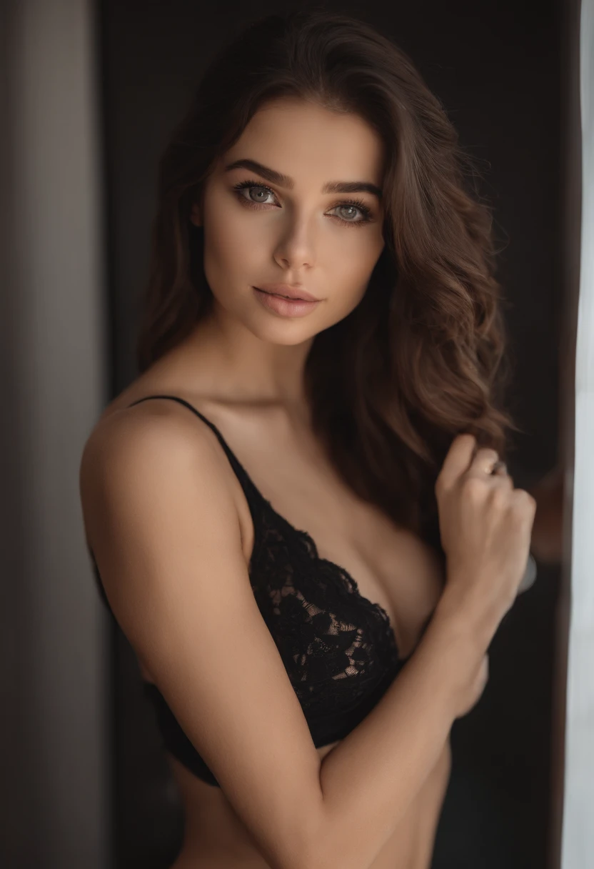 arafed woman with matching tank top and panties, sexy girl with brown eyes, portrait sophie mudd, brown hair and large eyes, selfie of a young woman, bedroom eyes, violet myers, without makeup, natural makeup, looking directly at the camera, face with artgram, subtle makeup, stunning full body shot, in bedroom, cleavage