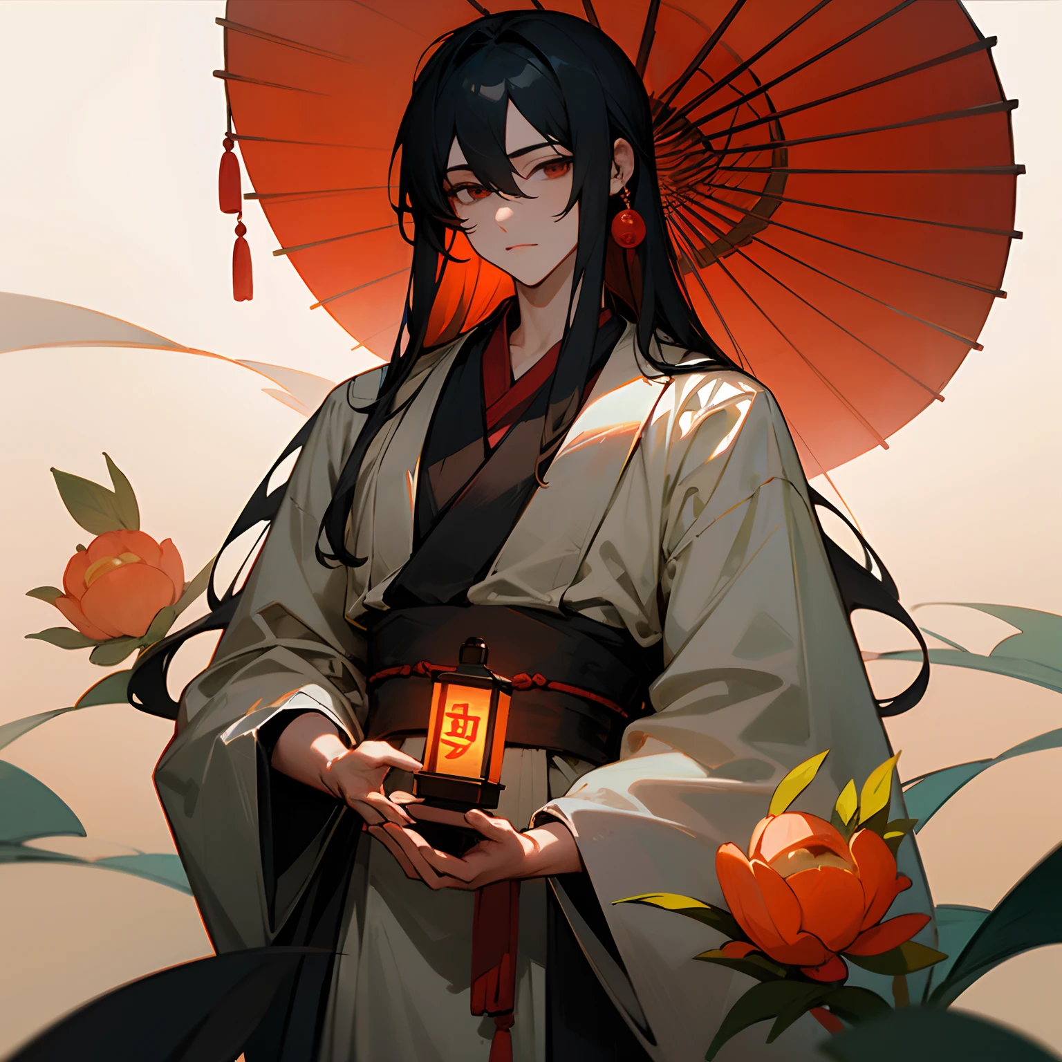 Ancient Chinese figure, The young man looks like an angel, hairlong, Black hair, There is a cradle in my hand, Dressed in Chinese Hanfu, In his other hand he holds a lantern in the form of an eye
