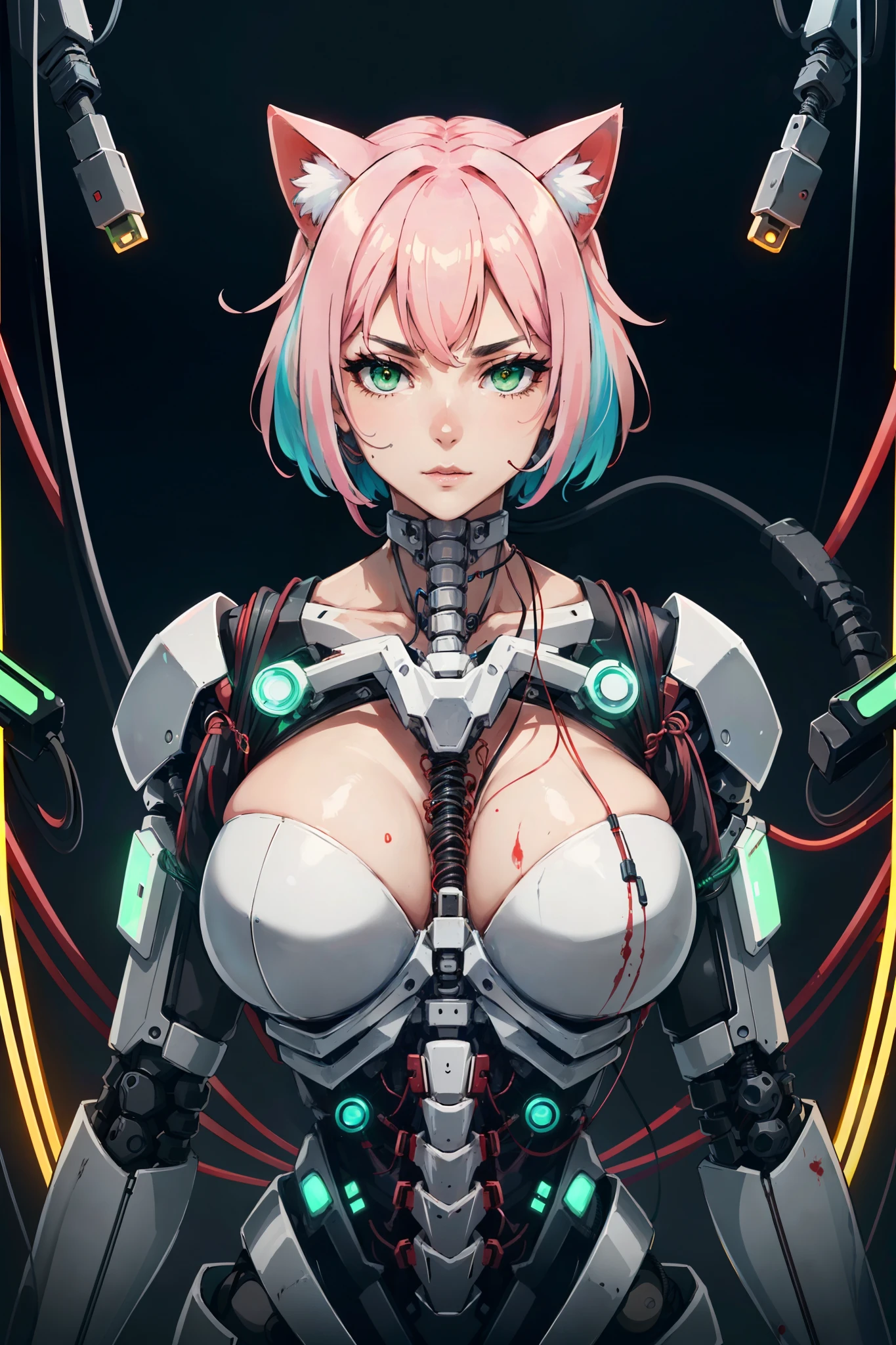 ((mature adult tall woman, mature_face)), (glowing green eyes), aqua cat ears, (super narrow waist), gradient (pink hair), large breasts, large areolae, (oily skin) , (((masterpiece)))、((top-quality))、(The ultra-detailliert)、8K、(Very noble and beautiful))、Cinematic Light、((1 Mechanical woman))、Looking here、White ceramic body、Colossal tits、The cleavage is visible、Single、(Mechanical joint:1.4)、((Mechanical limb))、(Blood vessels attached to tubes)、((Mechanical spine attached to the back))、((Mechanical cervical vertebrae attached to neck))、(Wires and cables attached to the head and body:1.5)、 neon details、scientific fiction、cowboy shot、The background is Cyberpunk City, solo