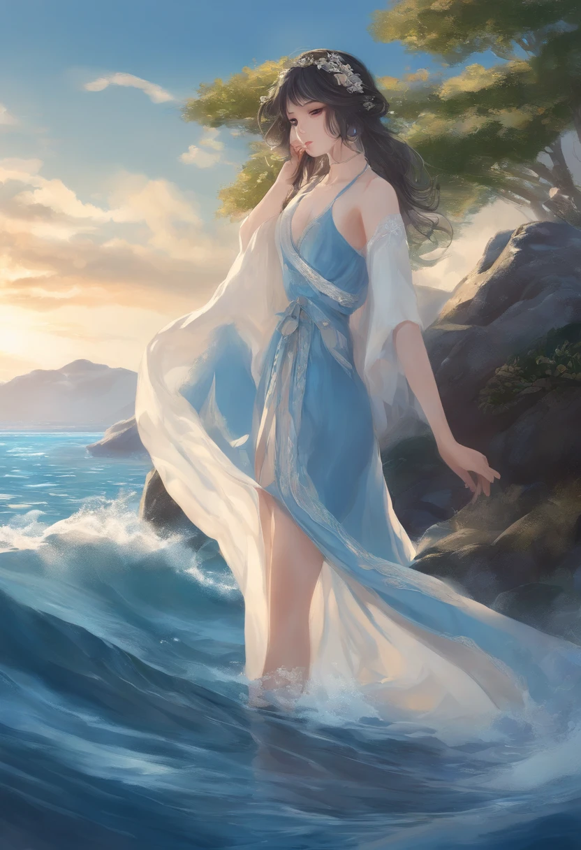Anime Gils, Asian, Japan, Music, Blue Dress and White, Sea, pose
