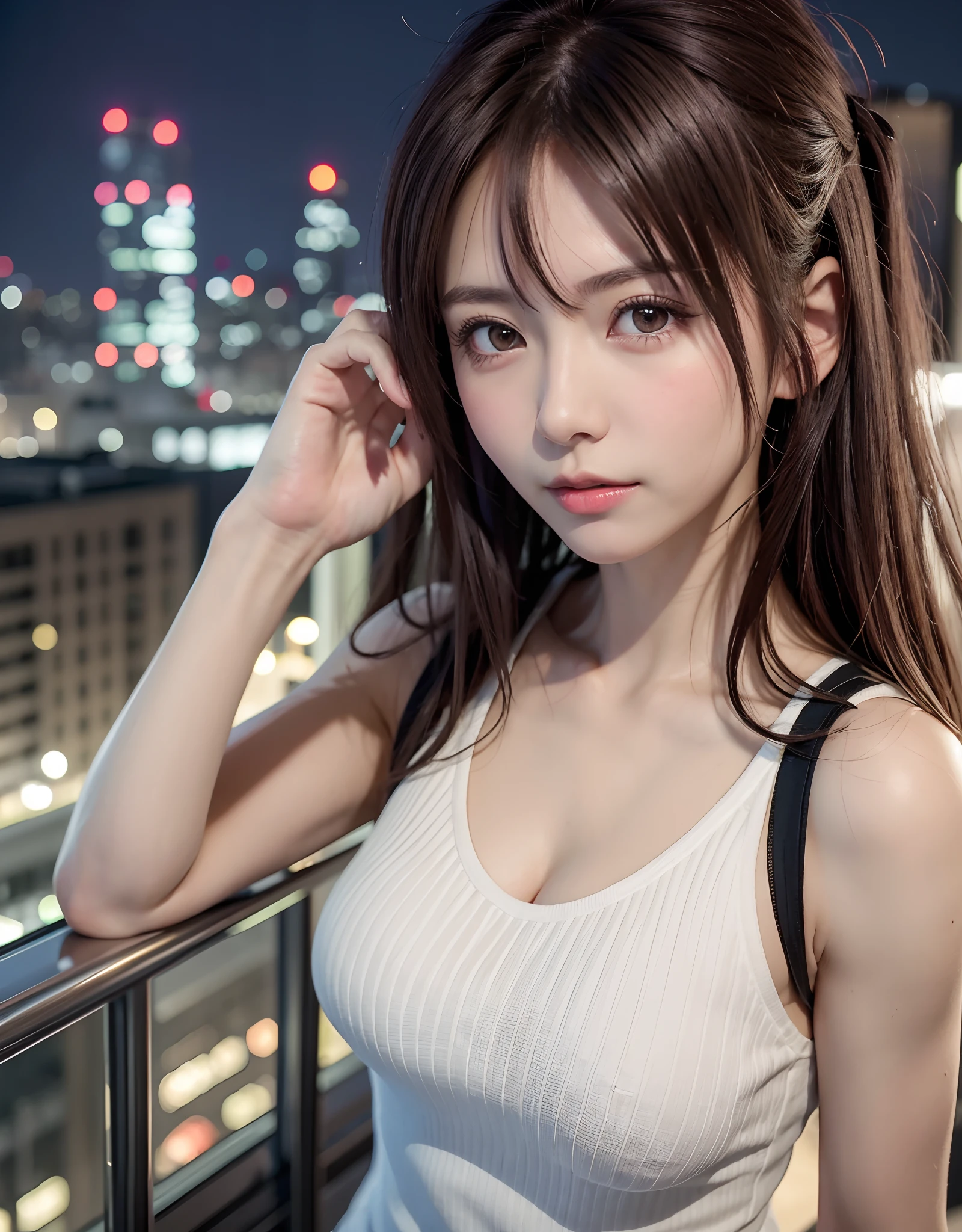((Best Quality, 8K, masutepiece :1.3)), Whole body, Sharp Focus :1.2, A pretty woman with perfect figure :1.4, Slender Abs :1.2, ((dark brown hair, Milk same :1.2)), Tank top dress :1.1, (Night City View, Modern balcony :1.1), Highly detailed face and skin texture, Detailed eyes, 二重まぶた