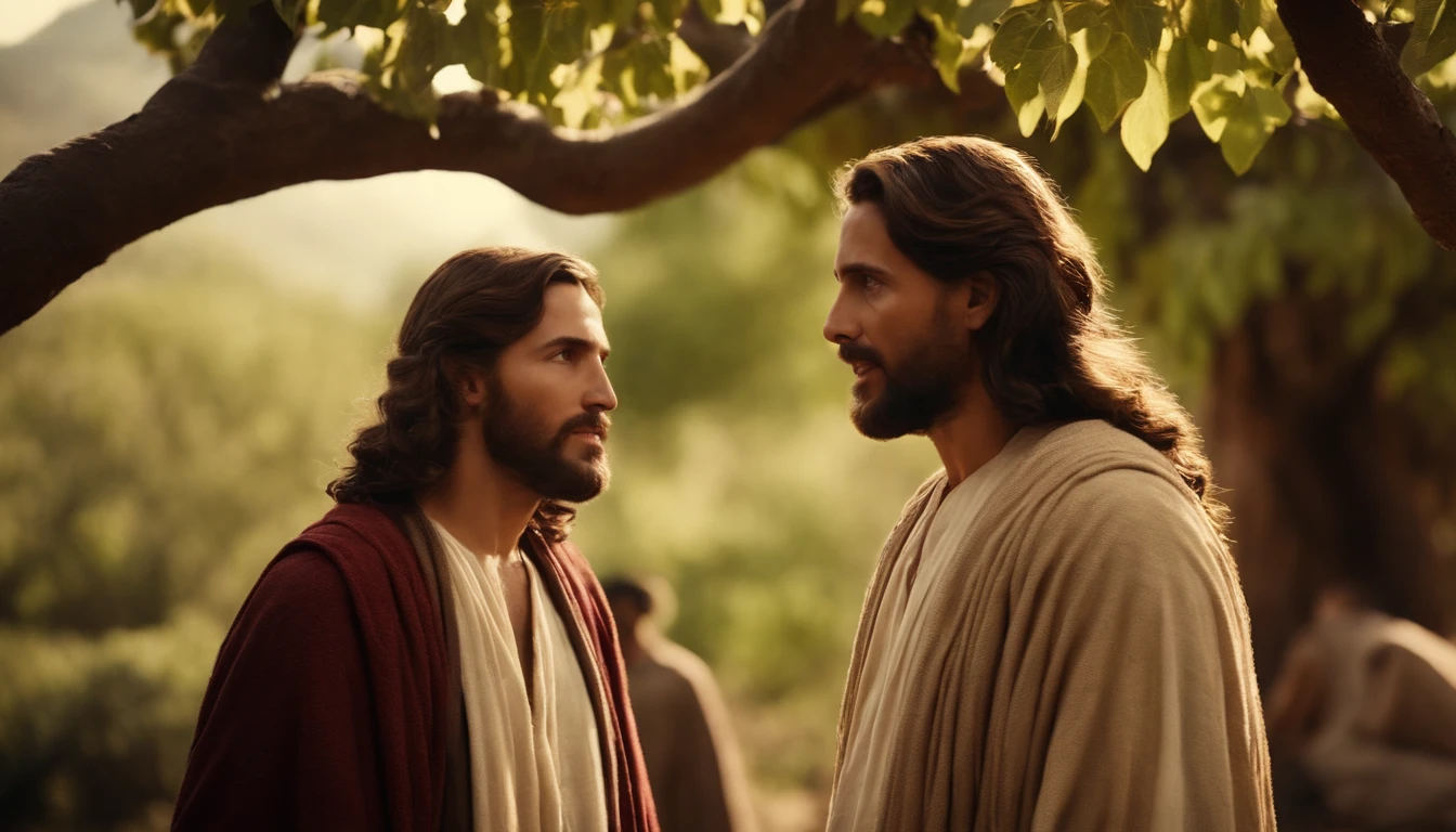 jesus conversando com um homem jovem. they are under fig trees